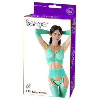 BE SAVAGE BIKINI TOP, GARTER BELT, PANTY, ARM WARMERS 4PC - GREEN