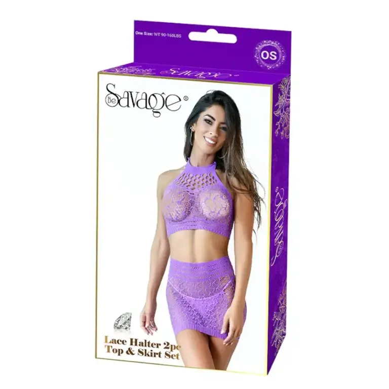 BE SAVAGE LACE HALTER 2PC TOP & SKIRT SET - PURPLE
