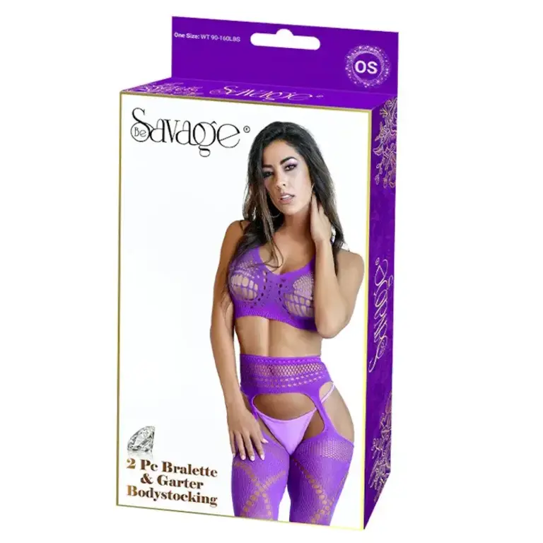 BE SAVAGE BRALETTE & GARTERED BODYSTOCKING 2PC - PURPLE