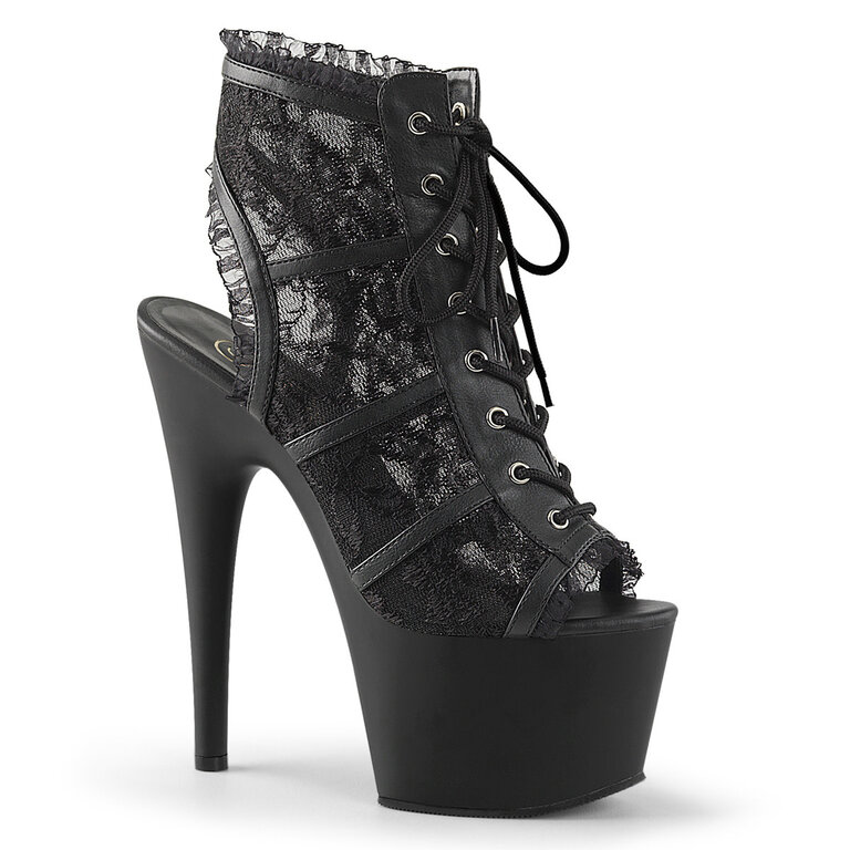 PLEASER SHOES 7" Heel, 2 3/4" PF Open Toe/Heel Lace Overlay Bootie