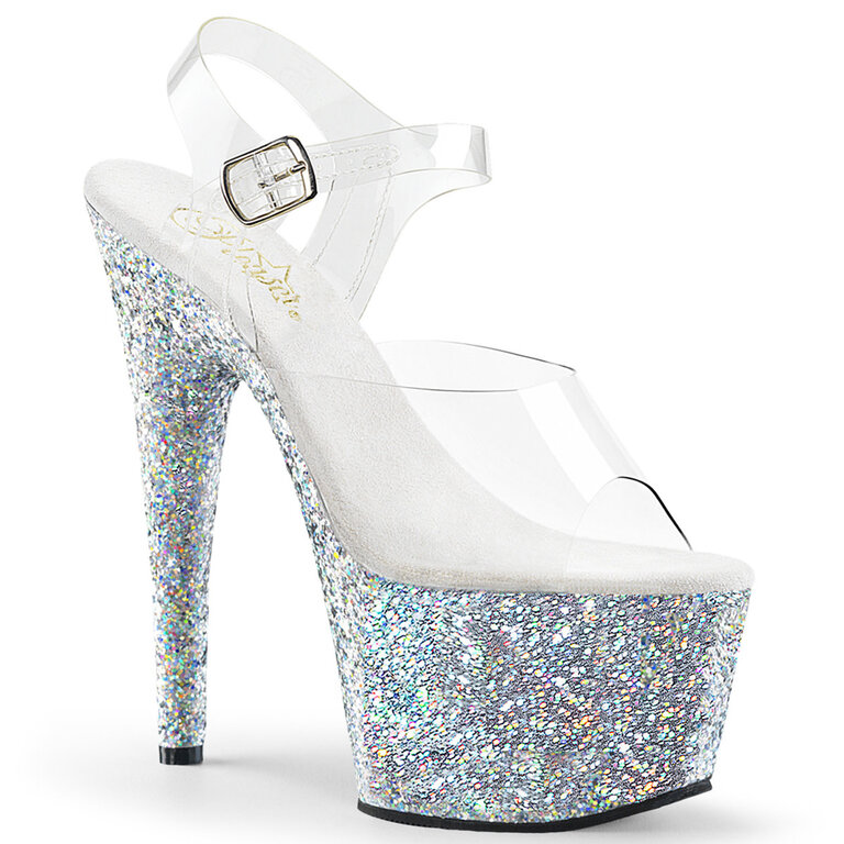 PLEASER SHOES 7" Heel, 2 3/4" PF Ankle Strap Sandal w/ Holo Glitter Bottom
