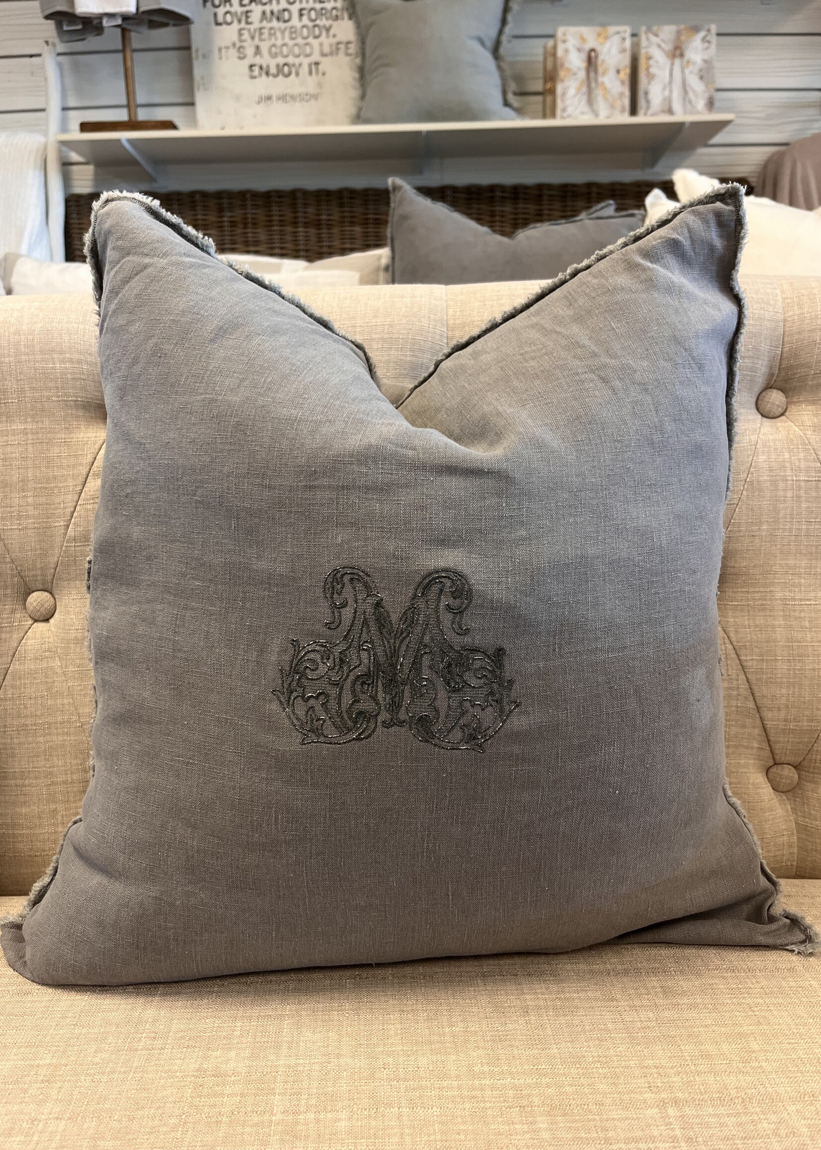 Saro Trading Company Fringed 100% Linen Pillow - Pewter