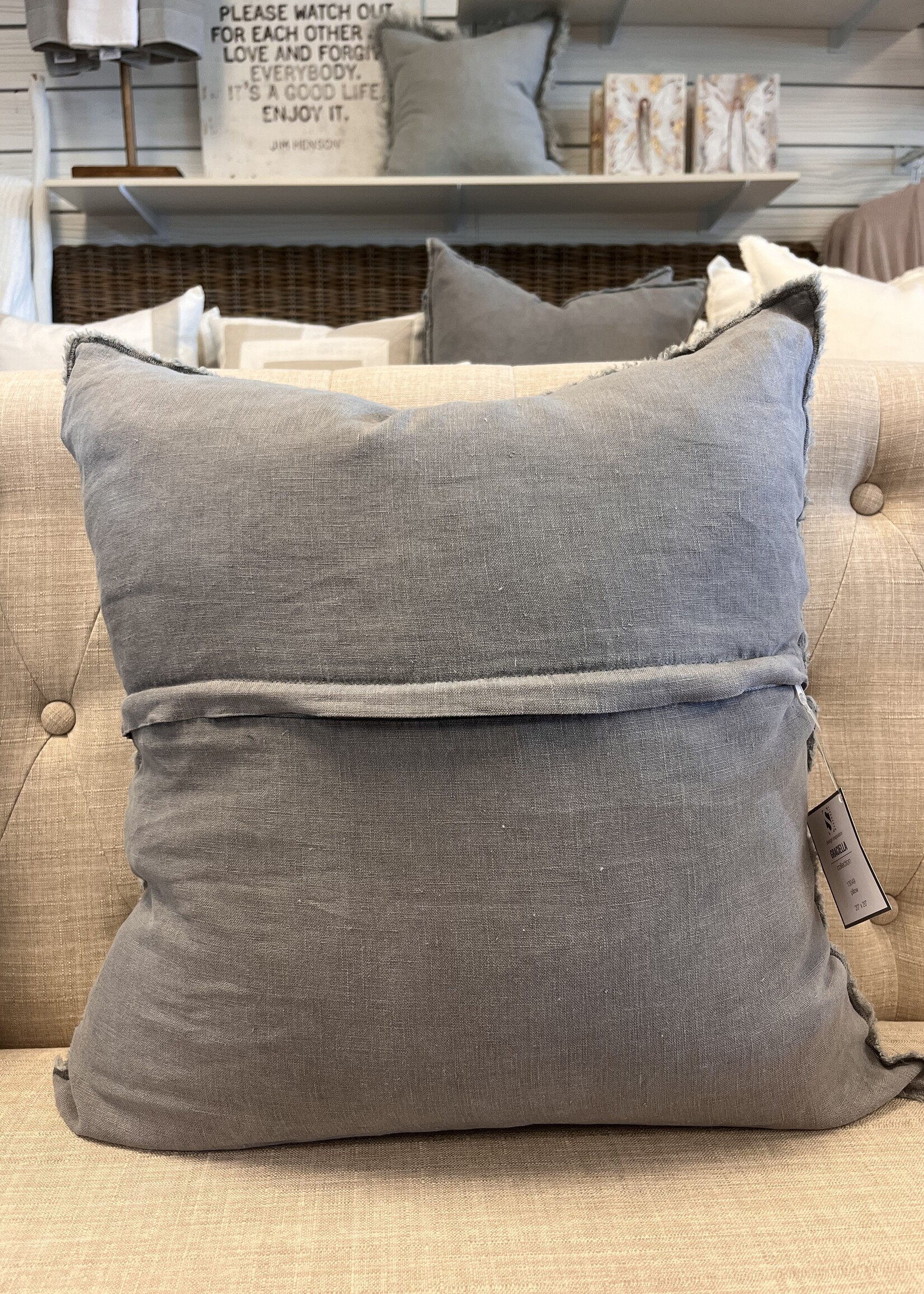 Saro Trading Company Fringed 100% Linen Pillow - Pewter