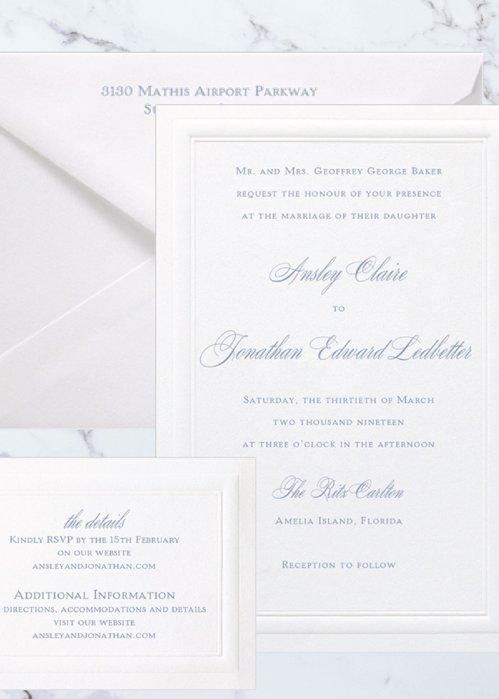 Custom Thermography Beautifully Bordered Invitation 3 Piece Suite
