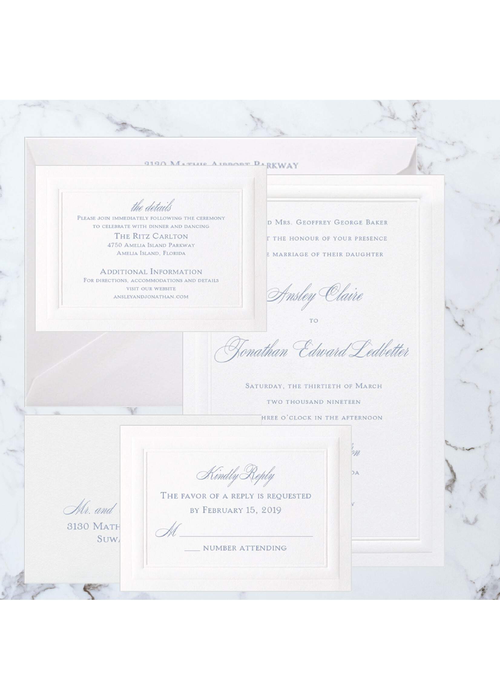 Thermography Beautifully Bordered Invitation 5 Piece Suite