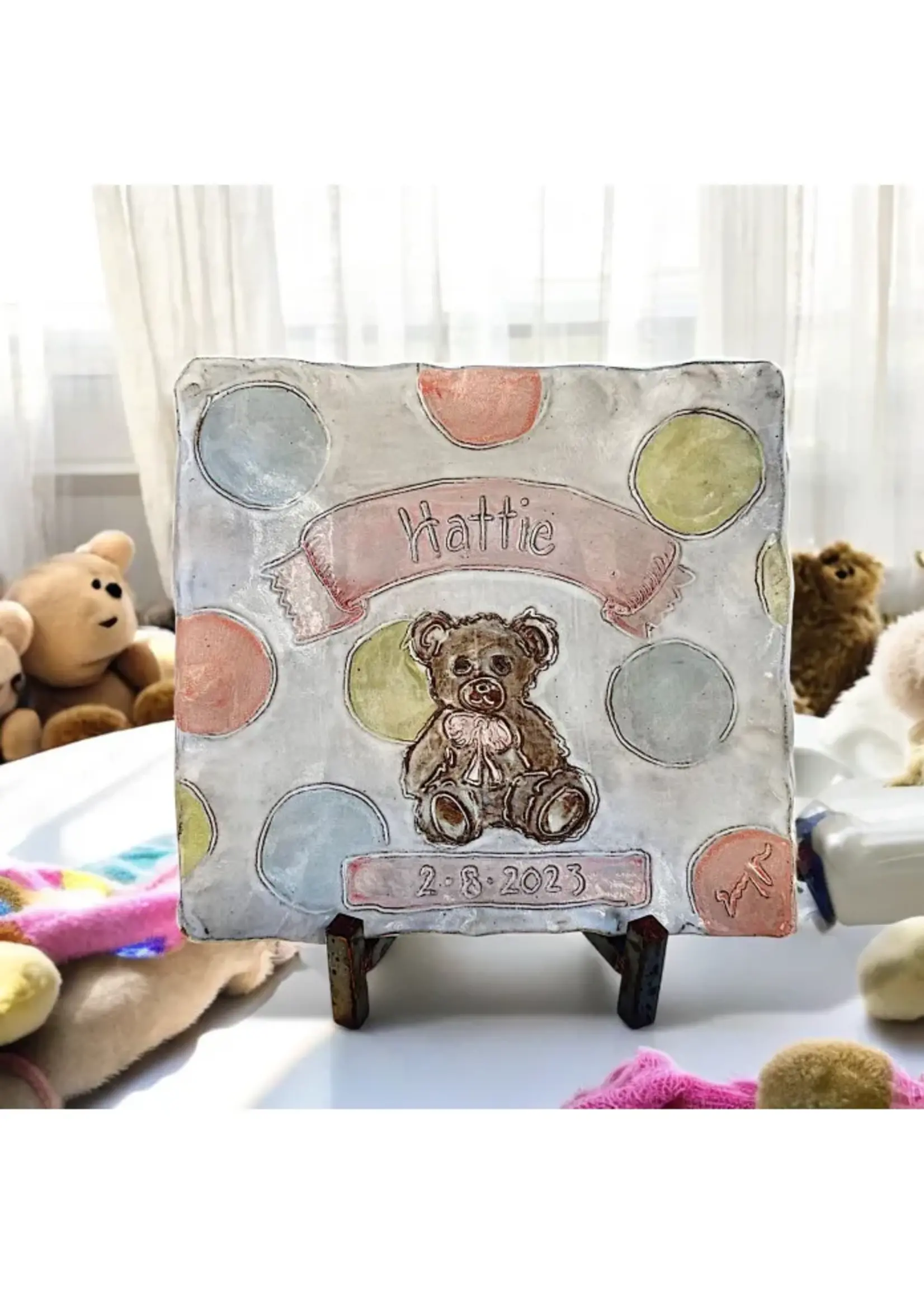 dixie pottery Newborn Custom Pottery (pink/blue bear)