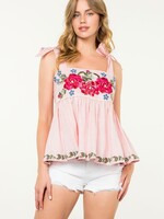 THML Tie Strap Flower Embroidered Top