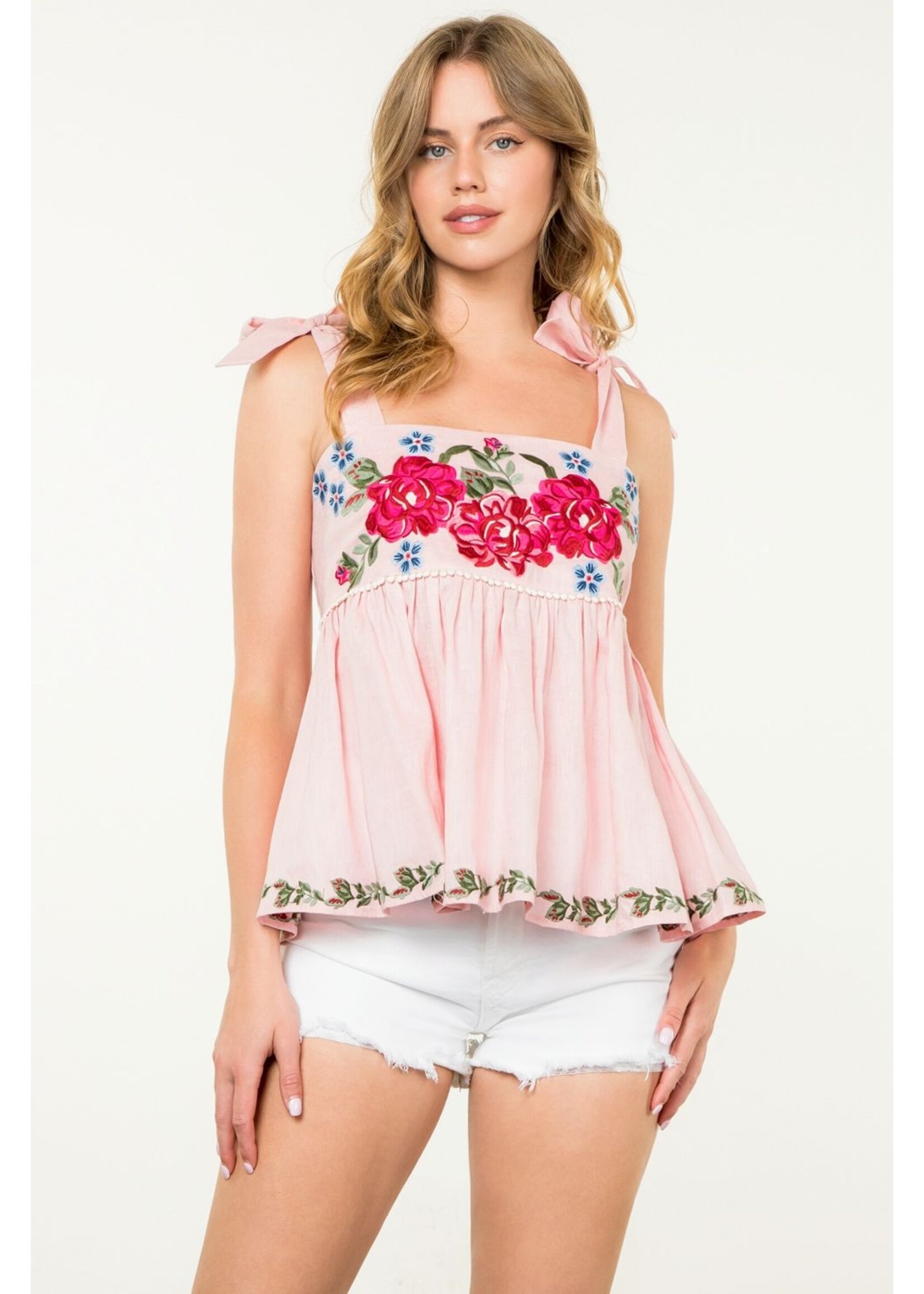 THML Tie Strap Flower Embroidered Top