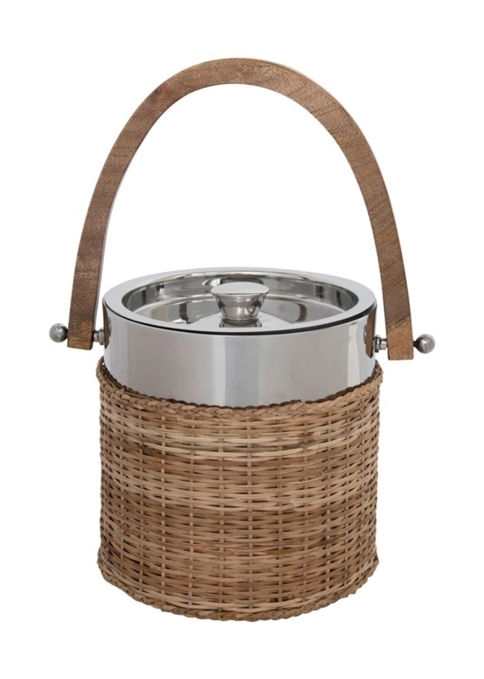 Creative Co-op Stainless Steel and Woven Rattan Ice Bucket with Mango Wood Handle
