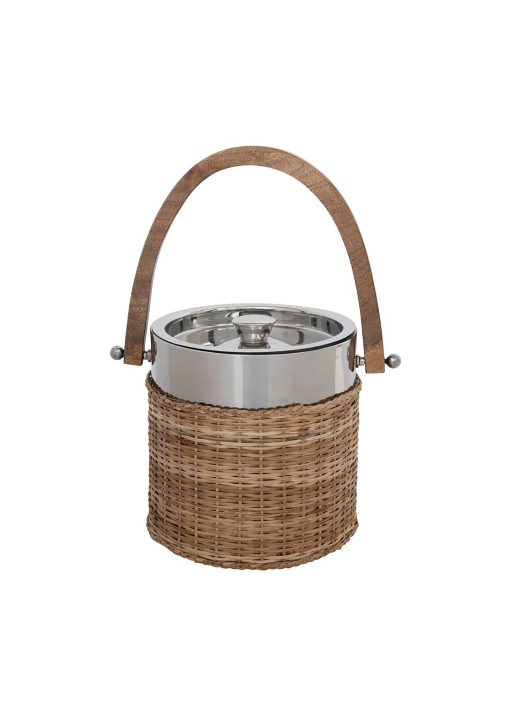 Creative Co-op Stainless Steel and Woven Rattan Ice Bucket with Mango Wood Handle