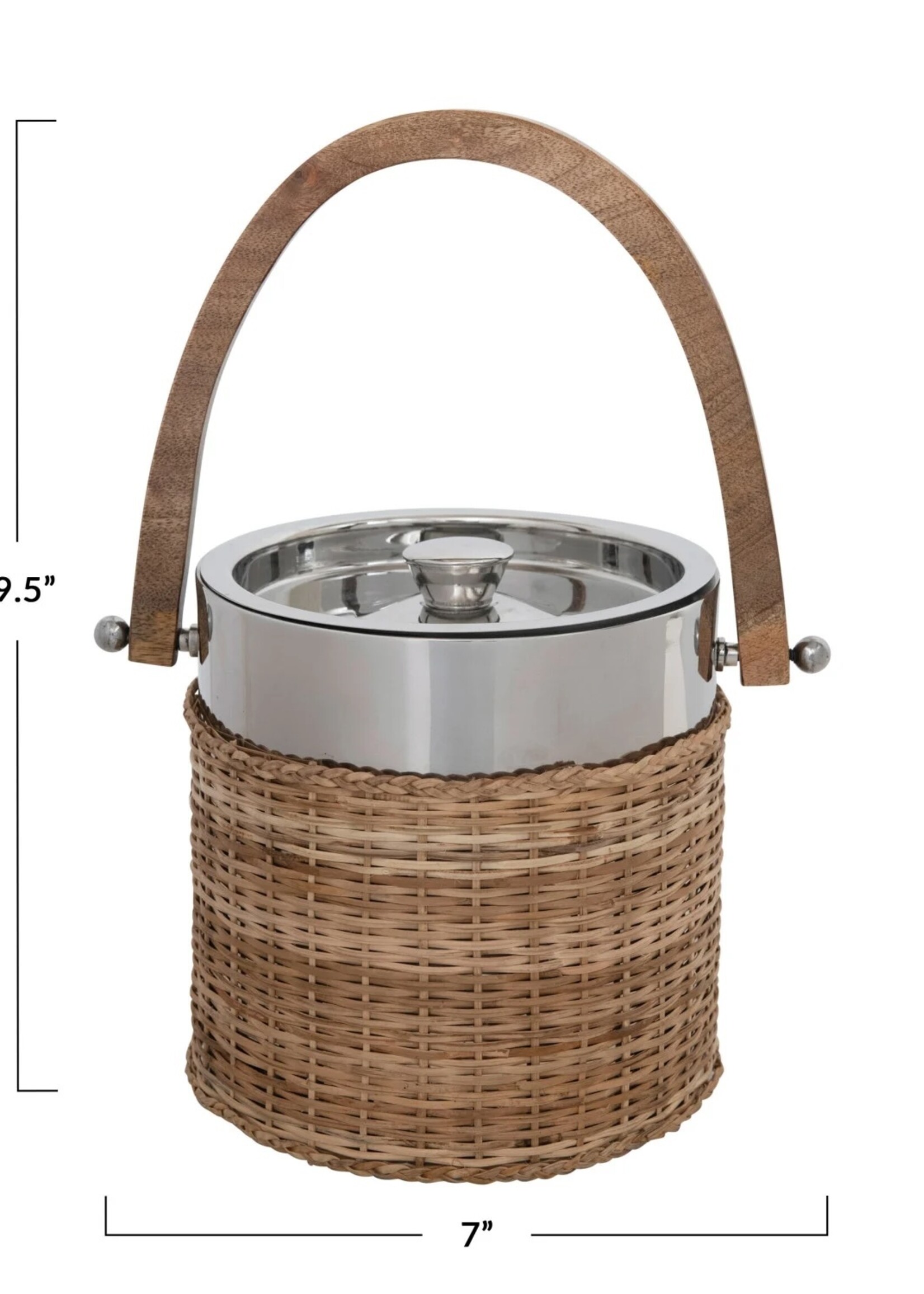 Creative Co-op Stainless Steel and Woven Rattan Ice Bucket with Mango Wood Handle