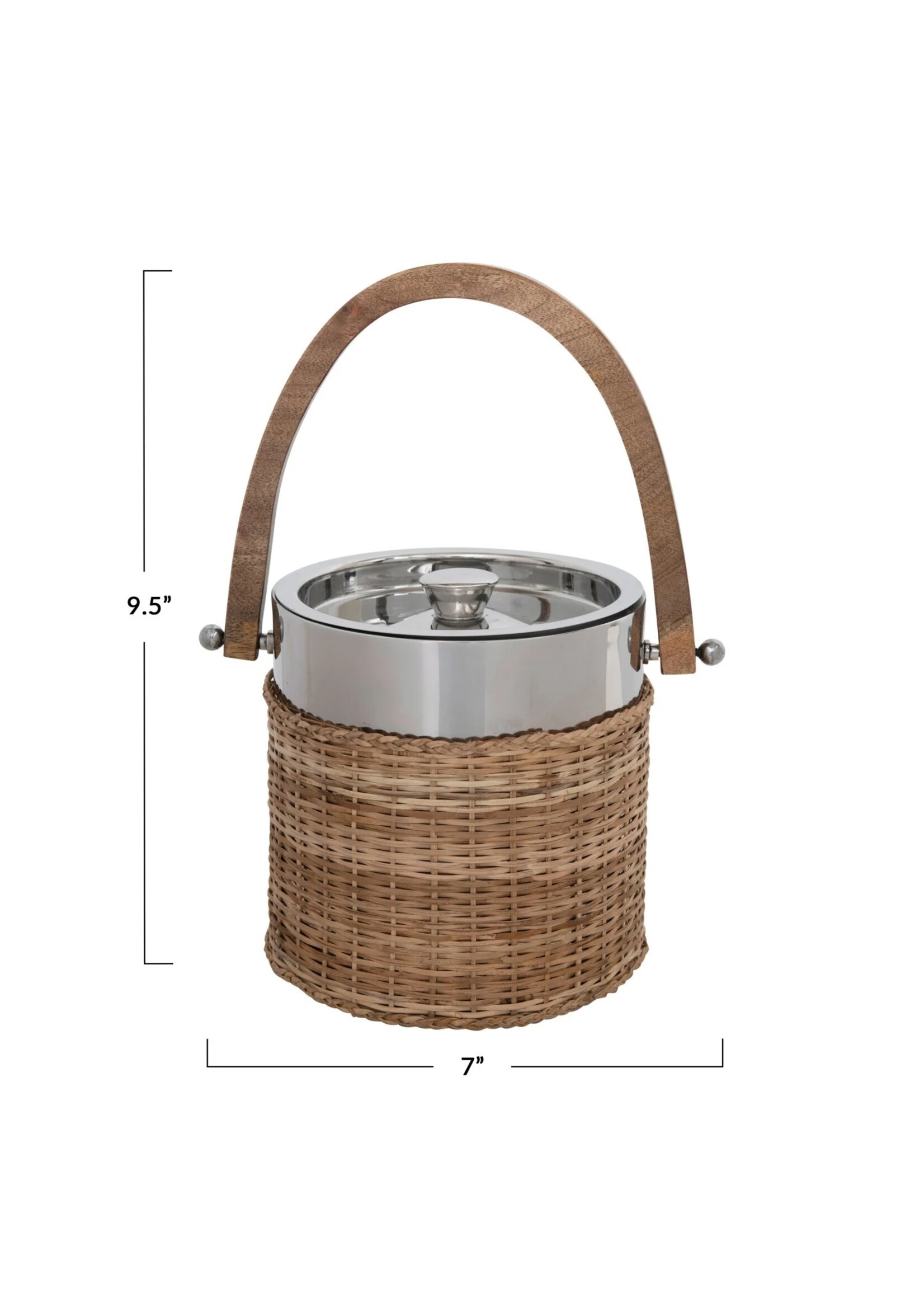 Creative Co-op Stainless Steel and Woven Rattan Ice Bucket with Mango Wood Handle