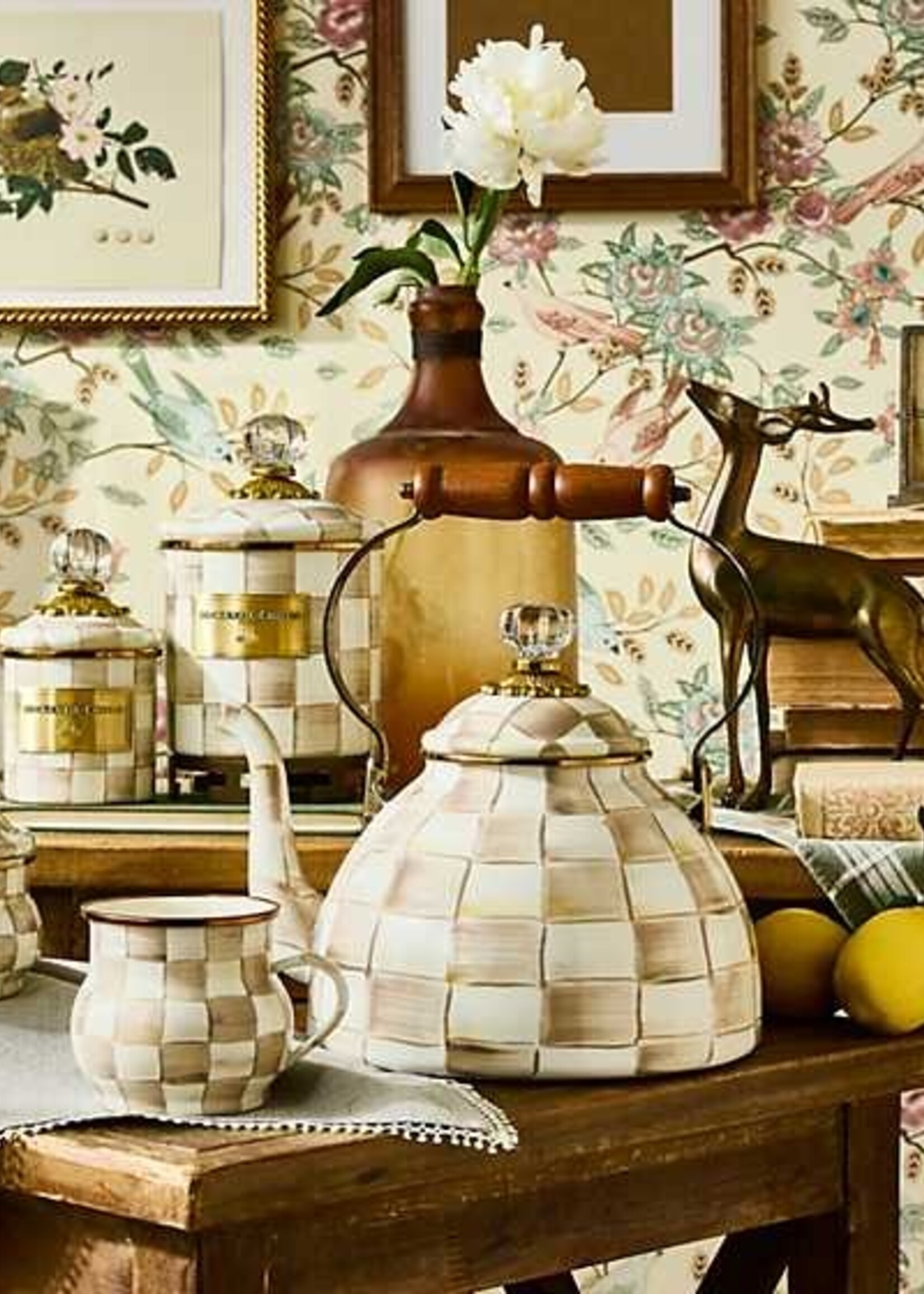 Mackenzie-Childs Mocha Check 3 Quart Tea Kettle