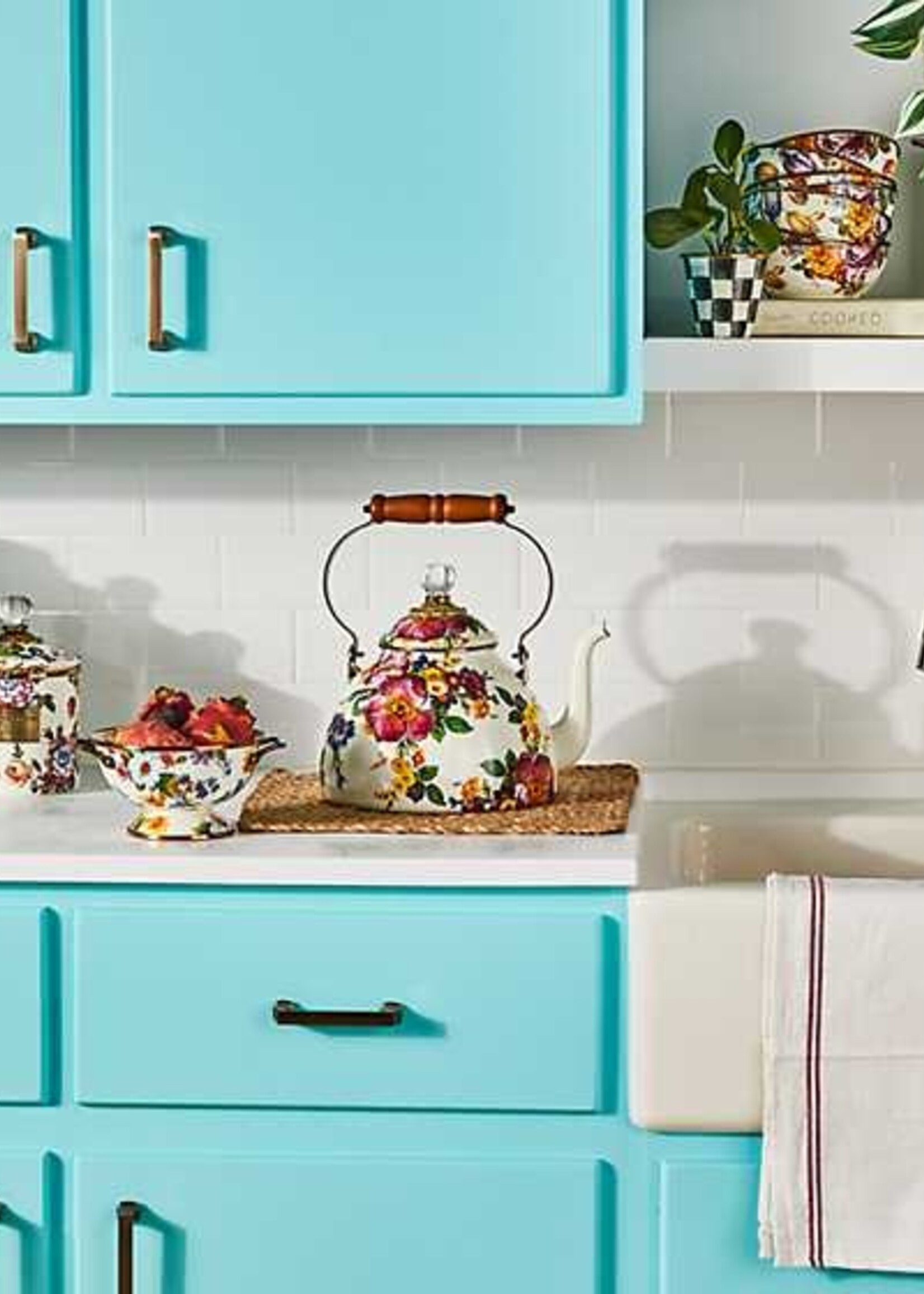 Mackenzie-Childs White  Flower Market 3 Quart Tea Kettle