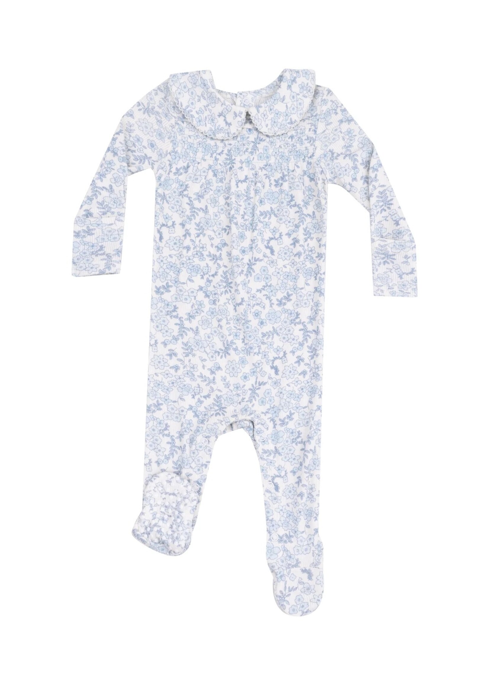 Angel Dear Blue Calico Floral Smocked Peter Pan Footie