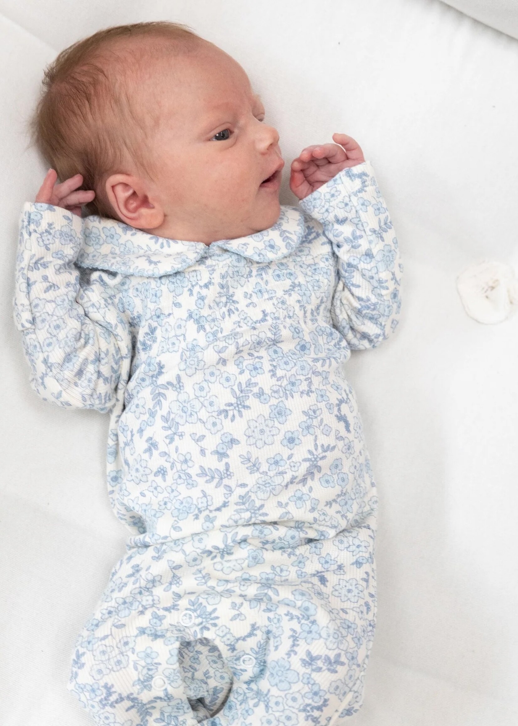 Angel Dear Blue Calico Floral Smocked Peter Pan Footie