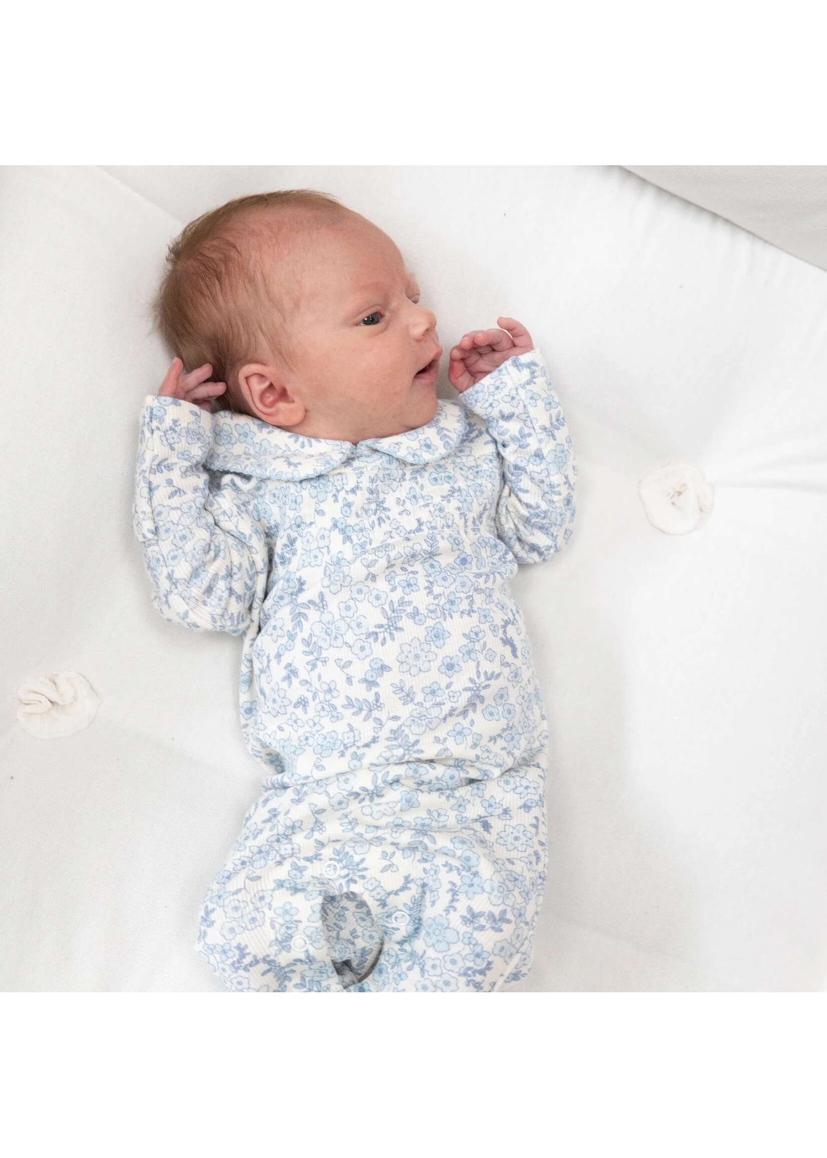 Angel Dear Blue Calico Floral Smocked Peter Pan Footie