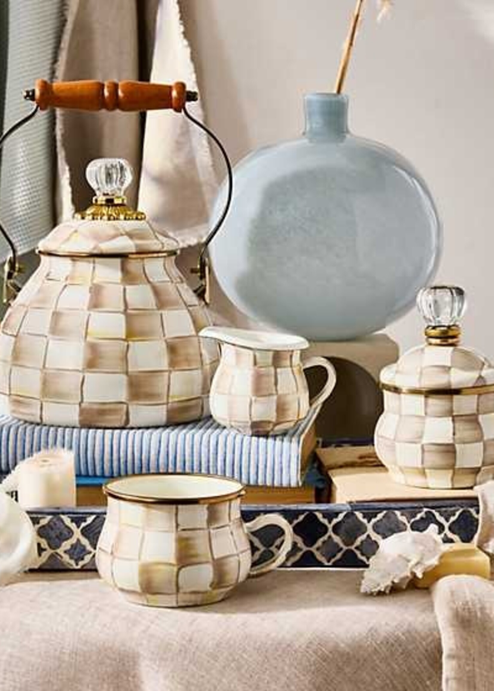 Mackenzie-Childs Mocha Check 2 Quart Tea Kettle