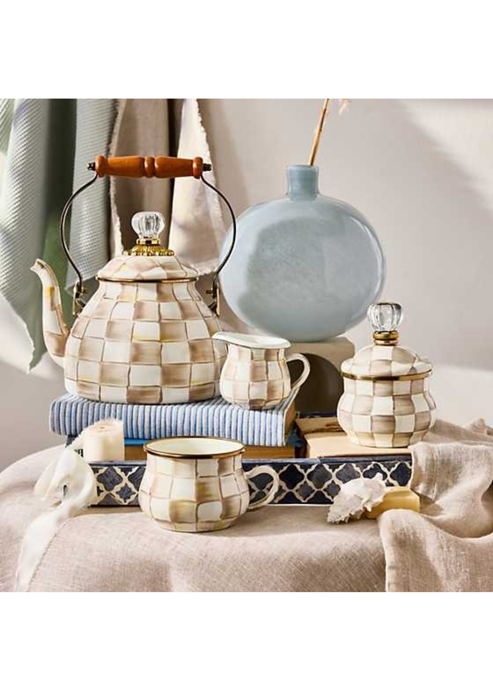 Mackenzie-Childs Mocha Check 2 Quart Tea Kettle