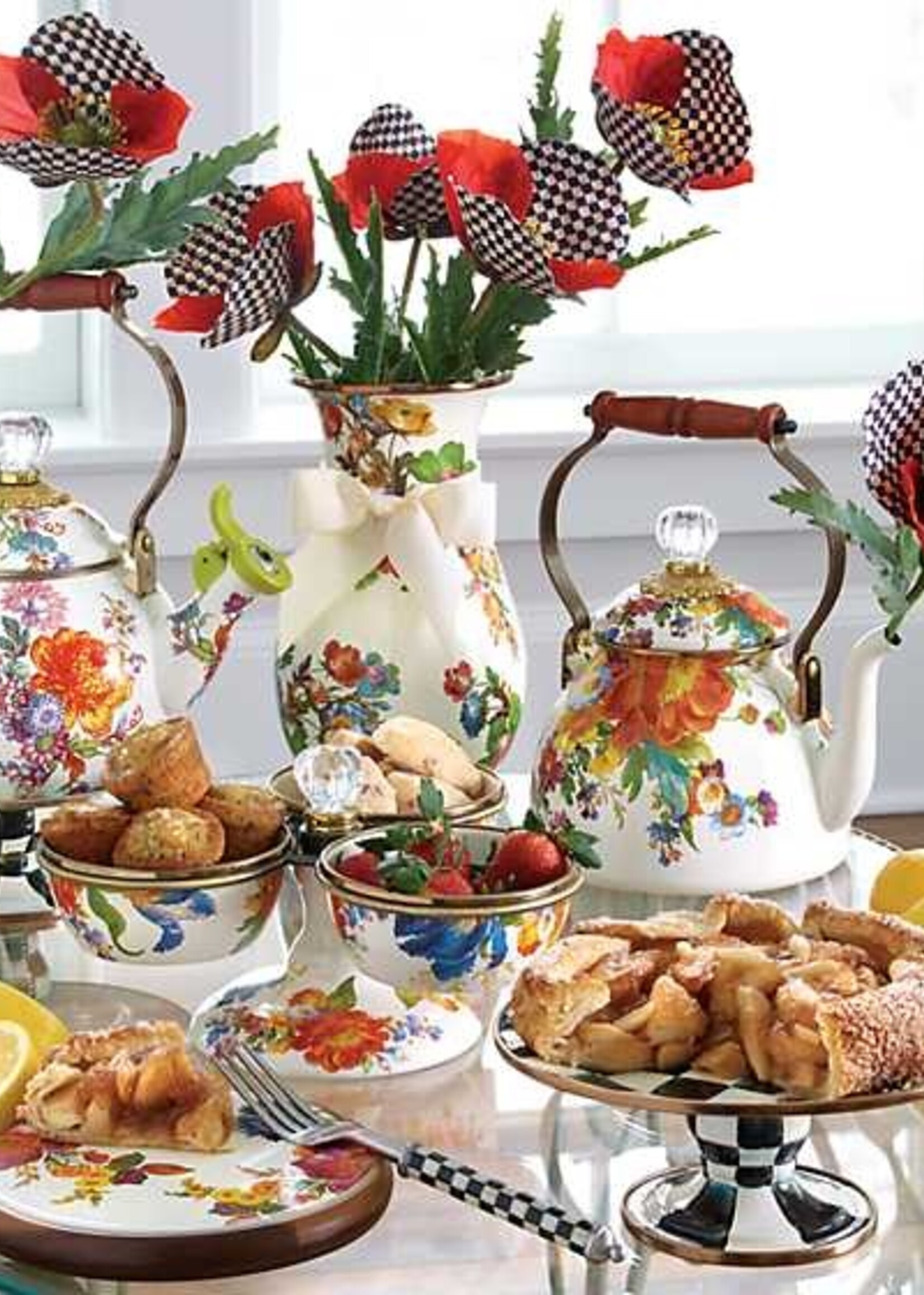 Mackenzie-Childs White Flower Market 2 Quart Tea Kettle