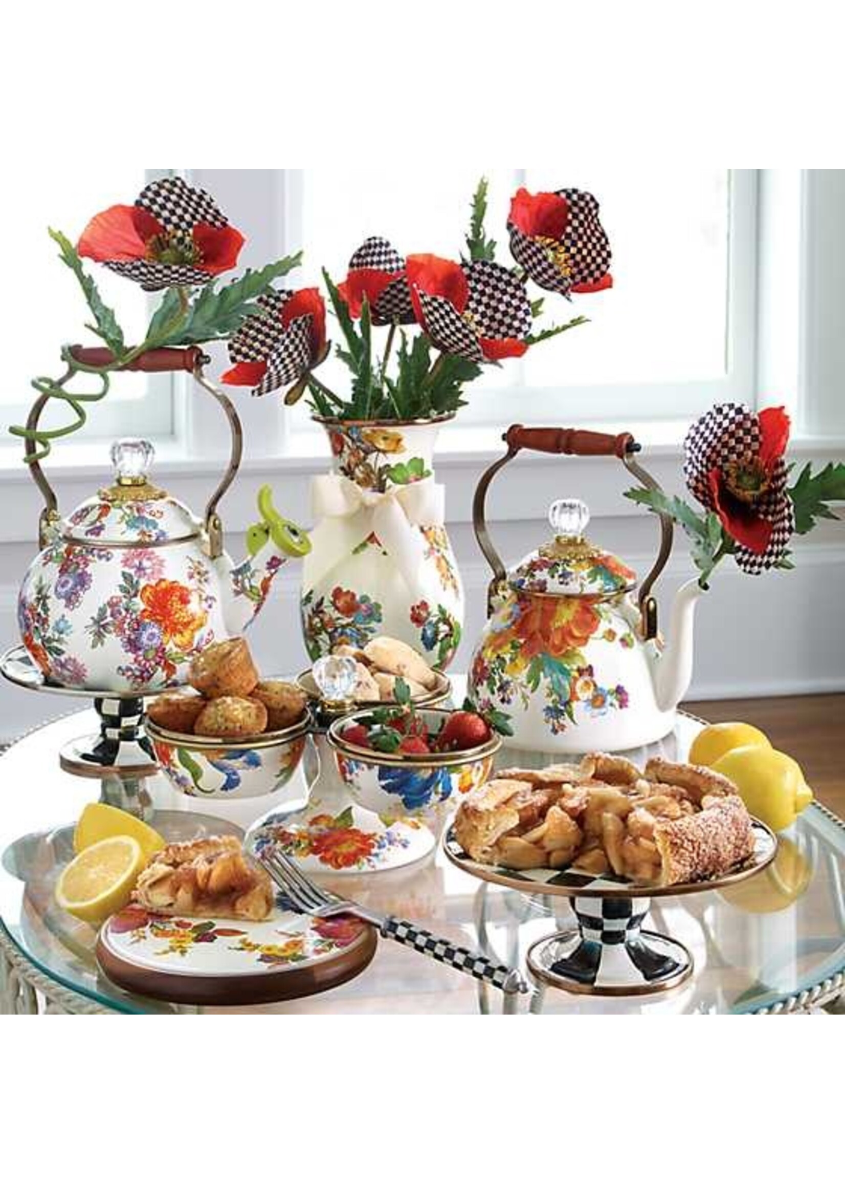 Mackenzie-Childs White Flower Market 2 Quart Tea Kettle