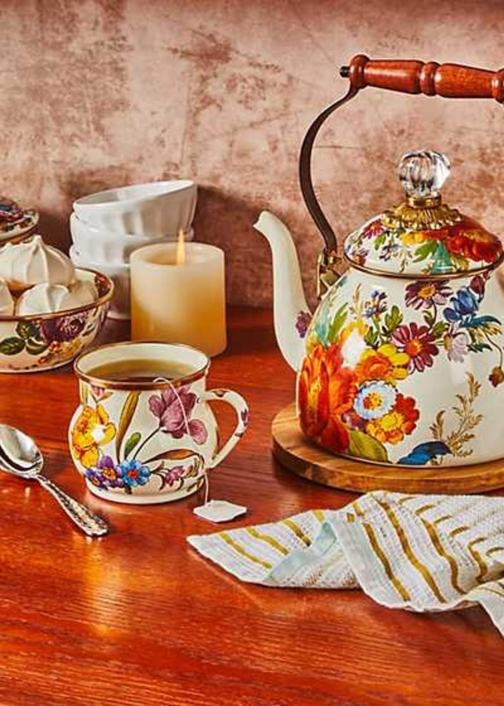 Mackenzie-Childs White Flower Market 2 Quart Tea Kettle