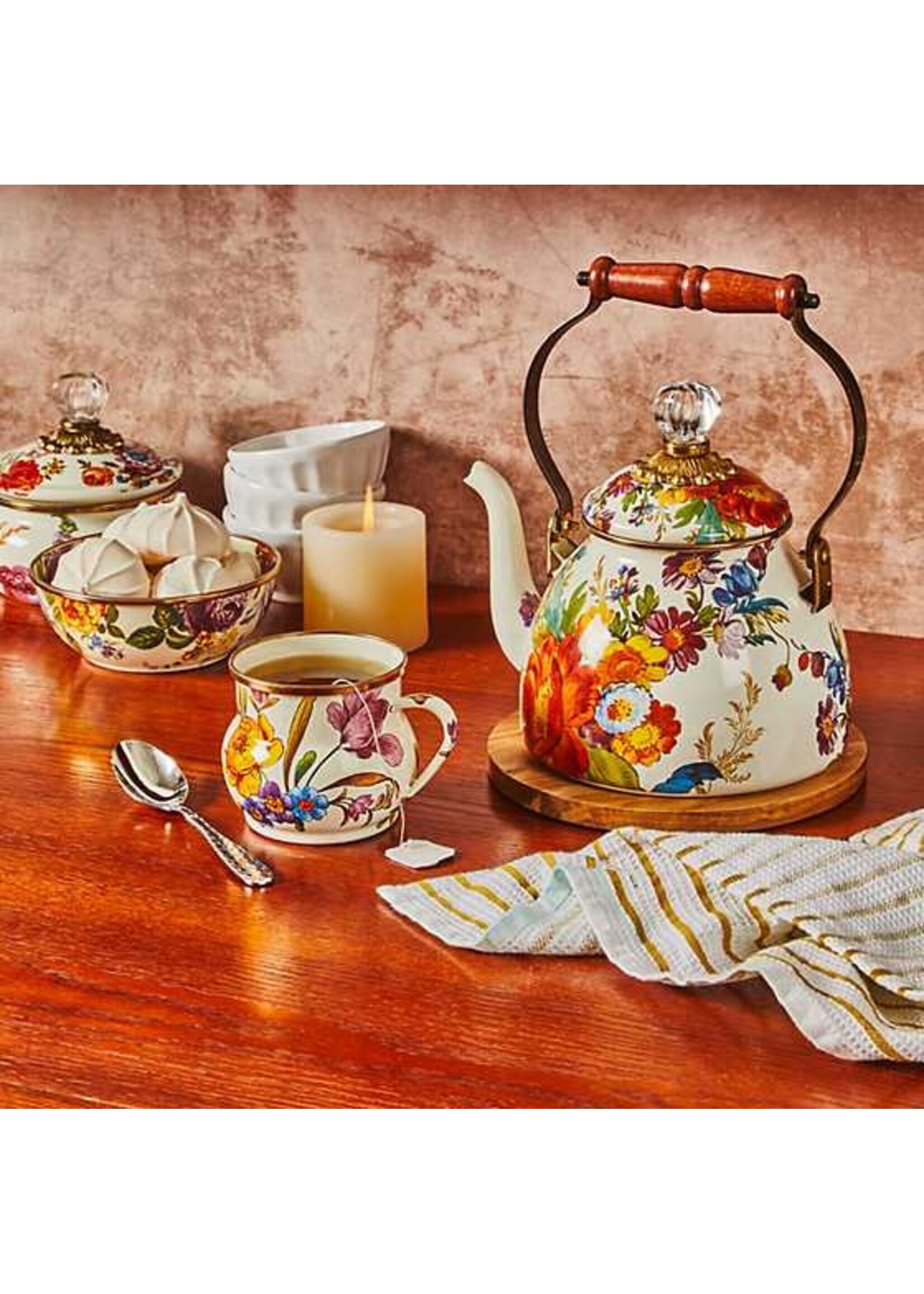 Mackenzie-Childs White Flower Market 2 Quart Tea Kettle