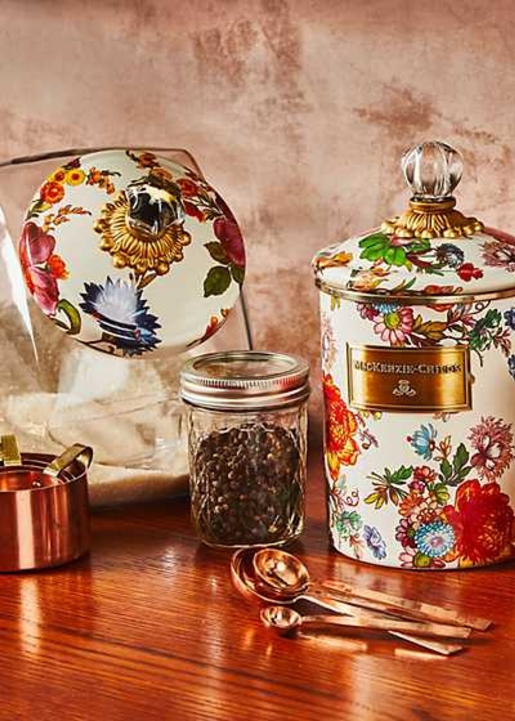 Mackenzie-Childs Cookie Jar with White Flower Market Lid