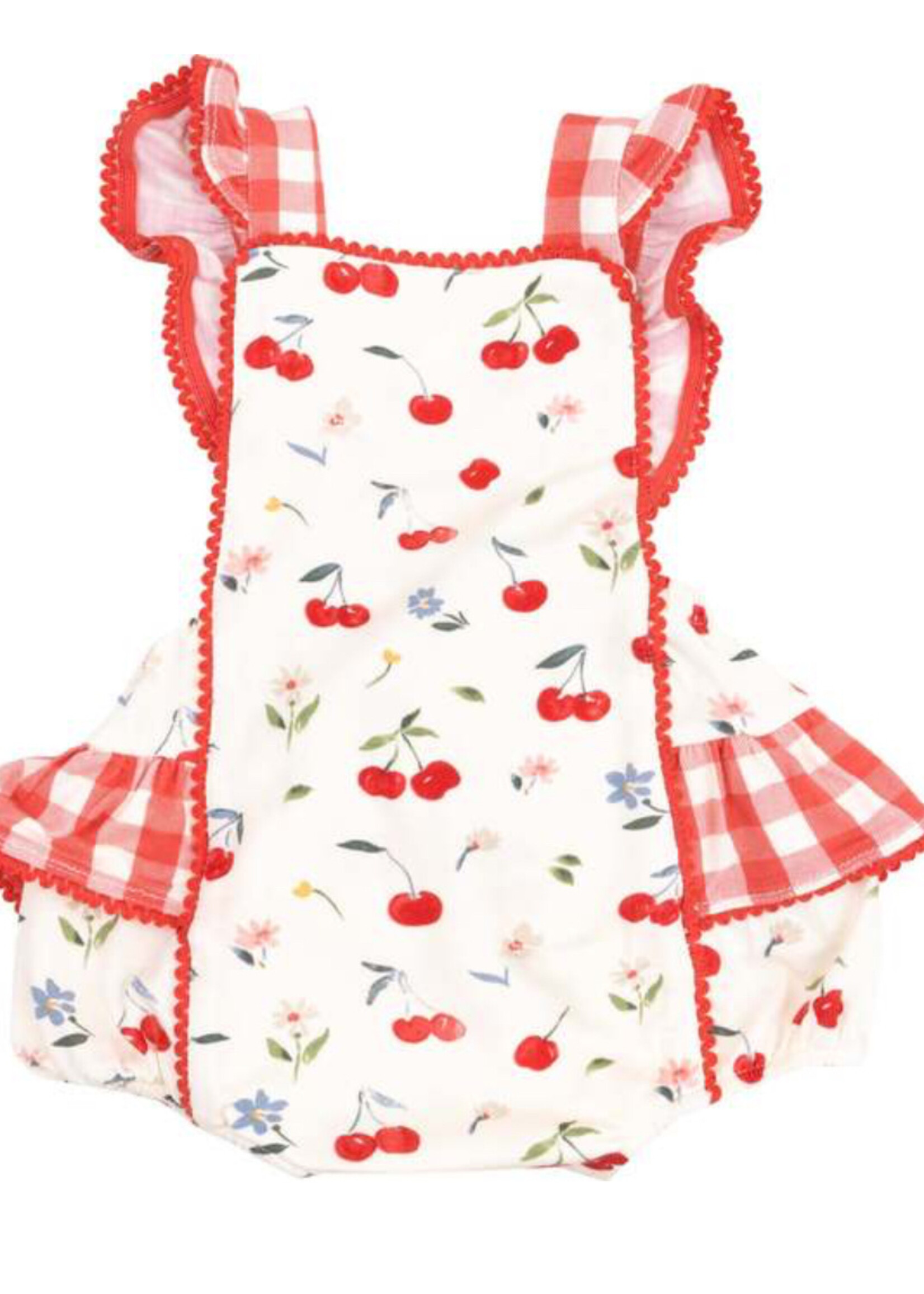 Angel Dear Watercolor Cherries + Gingham Ric-Rac Ruffle Sunsuit
