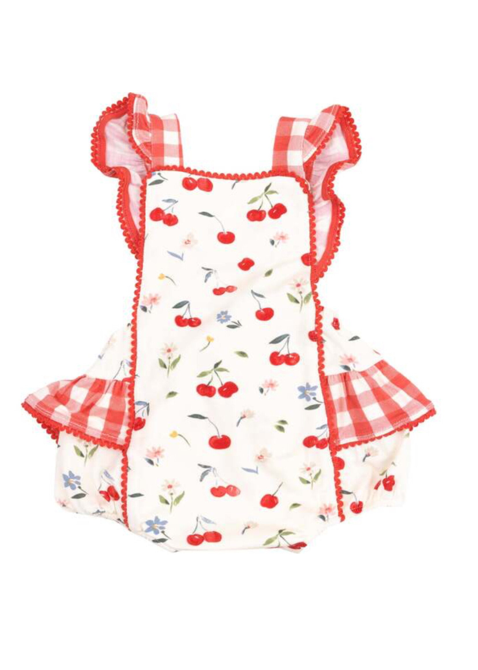 Angel Dear Watercolor Cherries + Gingham Ric-Rac Ruffle Sunsuit