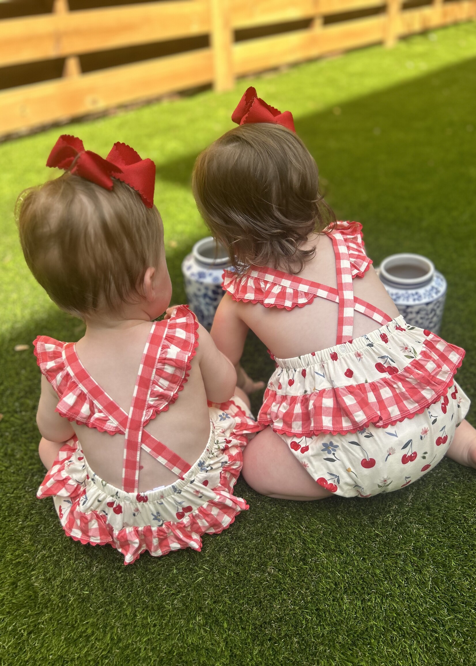 Angel Dear Watercolor Cherries + Gingham Ric-Rac Ruffle Sunsuit
