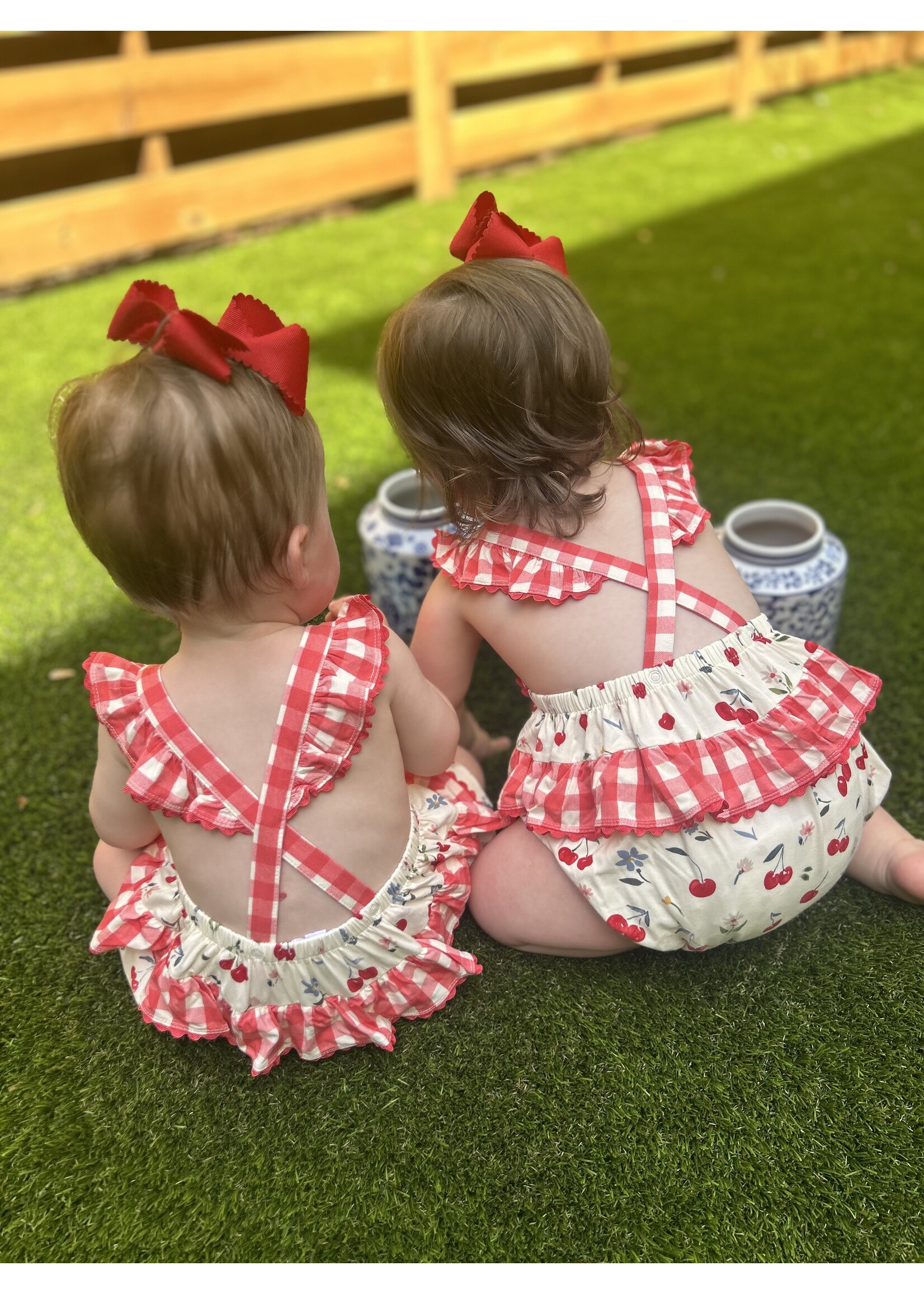 Angel Dear Watercolor Cherries + Gingham Ric-Rac Ruffle Sunsuit