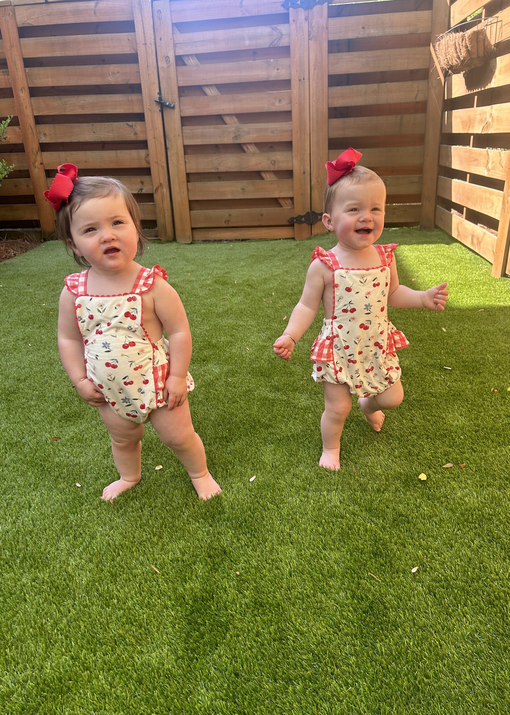 Angel Dear Watercolor Cherries + Gingham Ric-Rac Ruffle Sunsuit