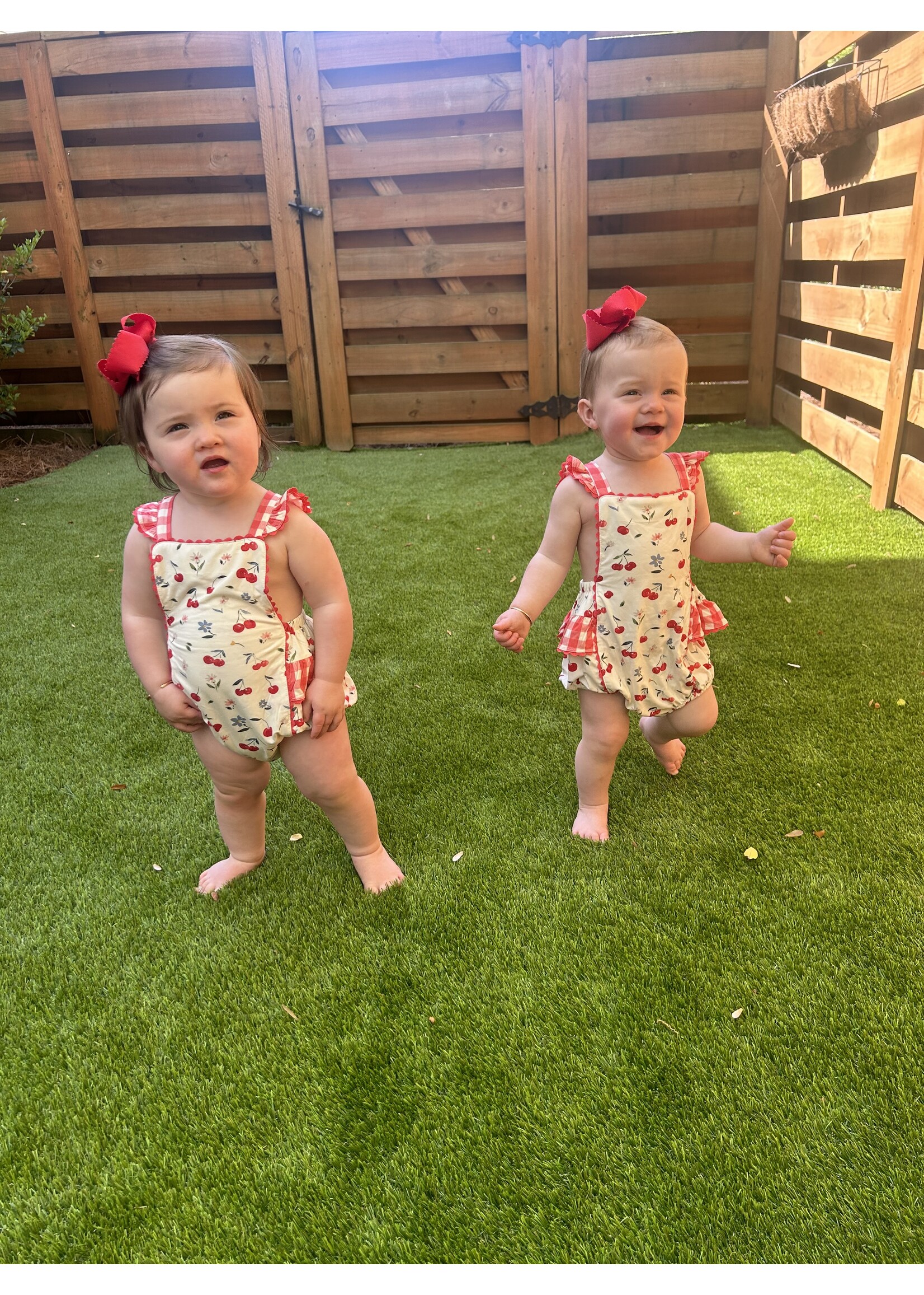 Angel Dear Watercolor Cherries + Gingham Ric-Rac Ruffle Sunsuit