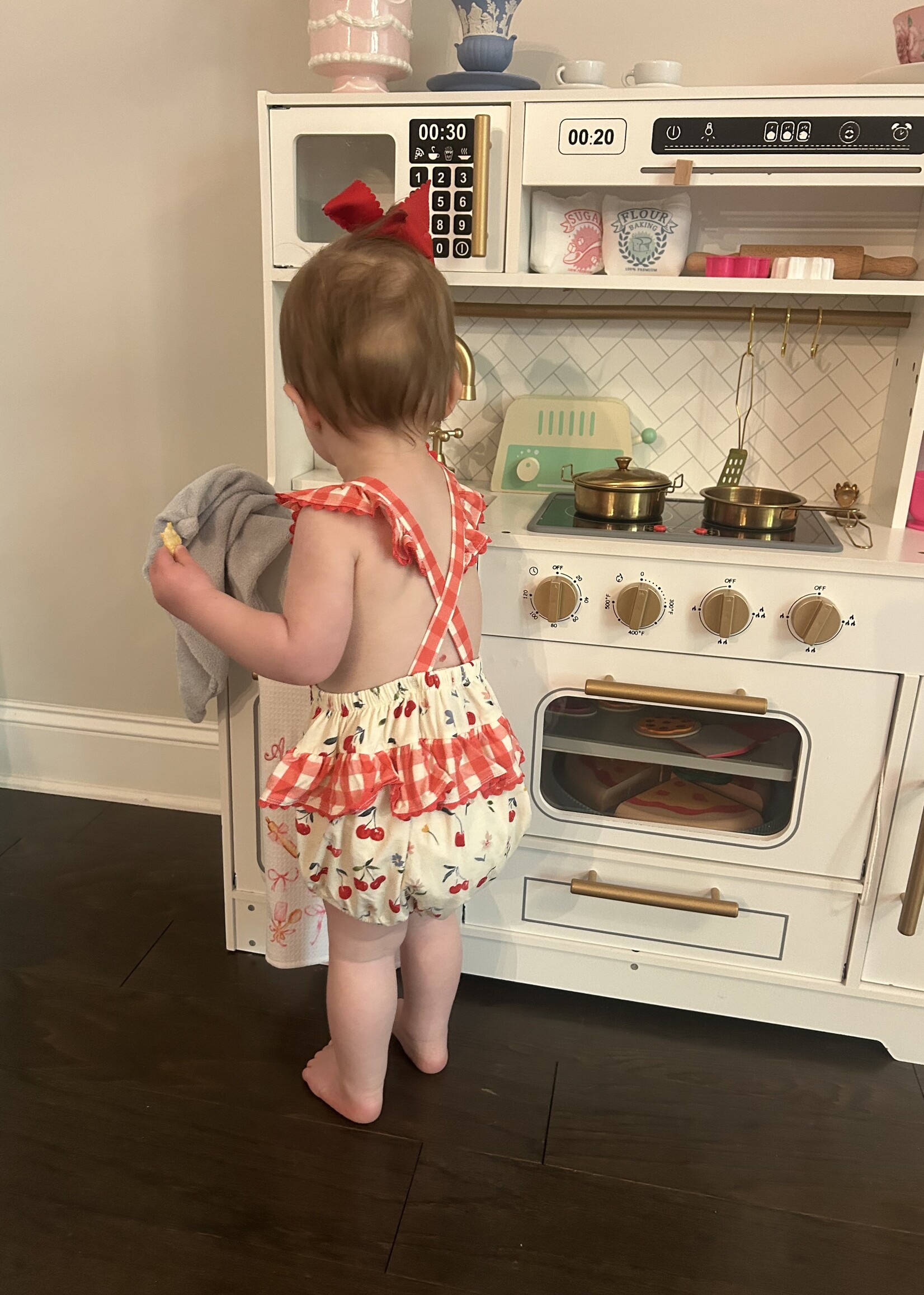 Angel Dear Watercolor Cherries + Gingham Ric-Rac Ruffle Sunsuit