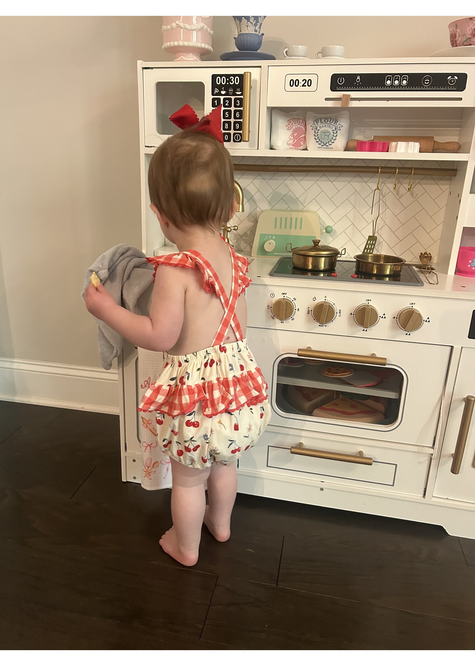 Angel Dear Watercolor Cherries + Gingham Ric-Rac Ruffle Sunsuit