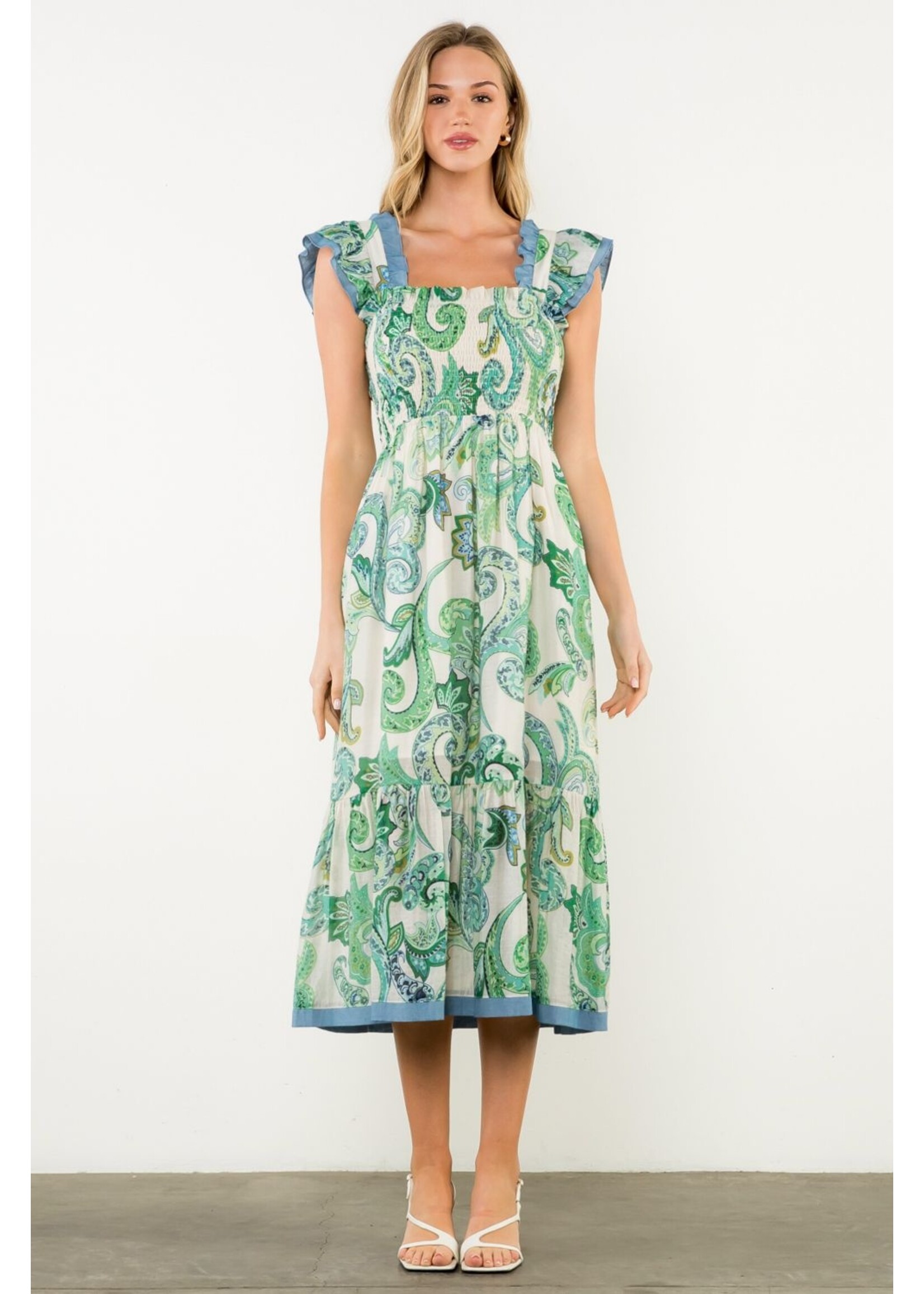 THML Smocked Flutter Sleeve Print Maxi Dress