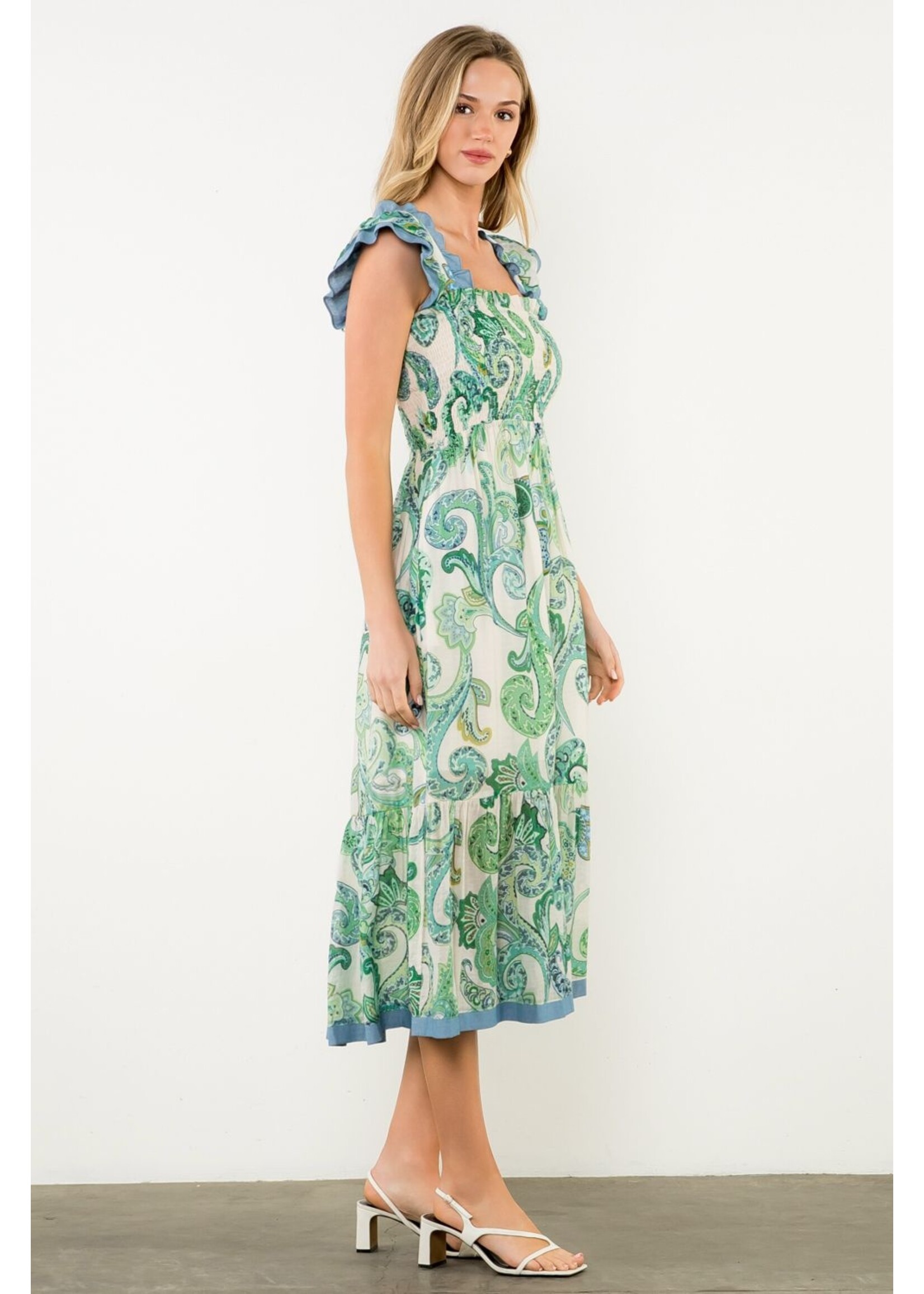 THML Smocked Flutter Sleeve Print Maxi Dress