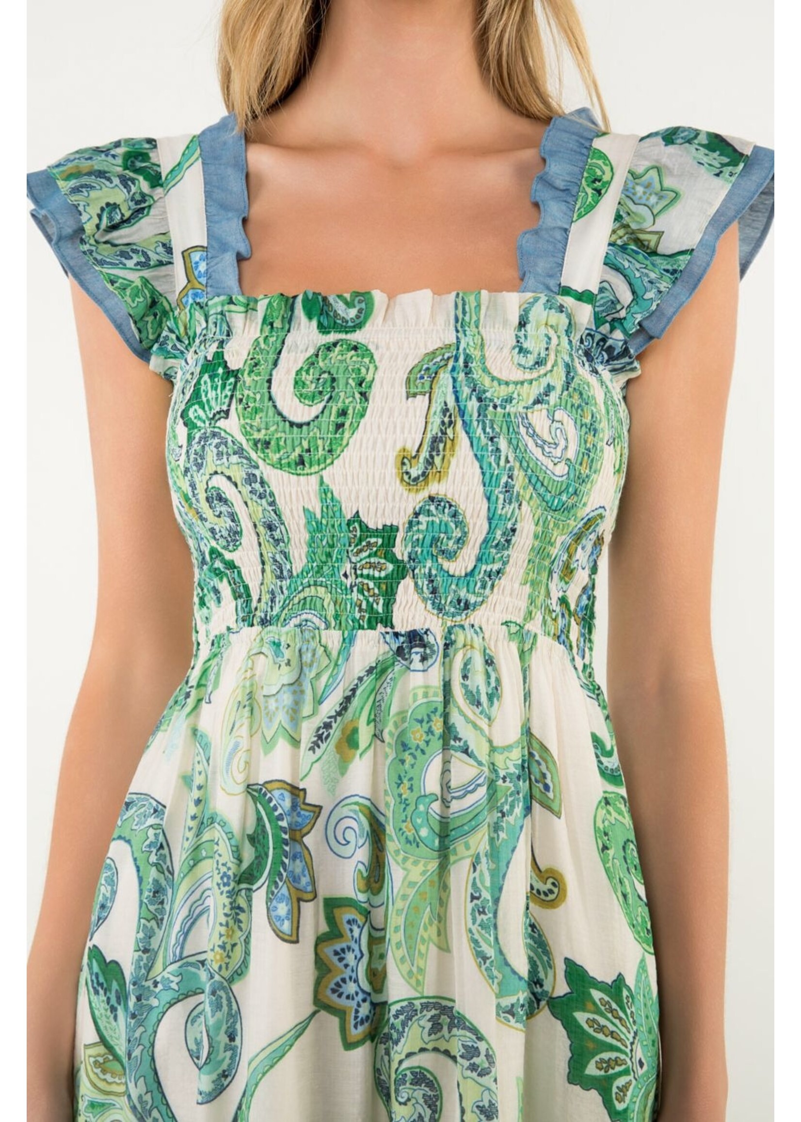 THML Smocked Flutter Sleeve Print Maxi Dress