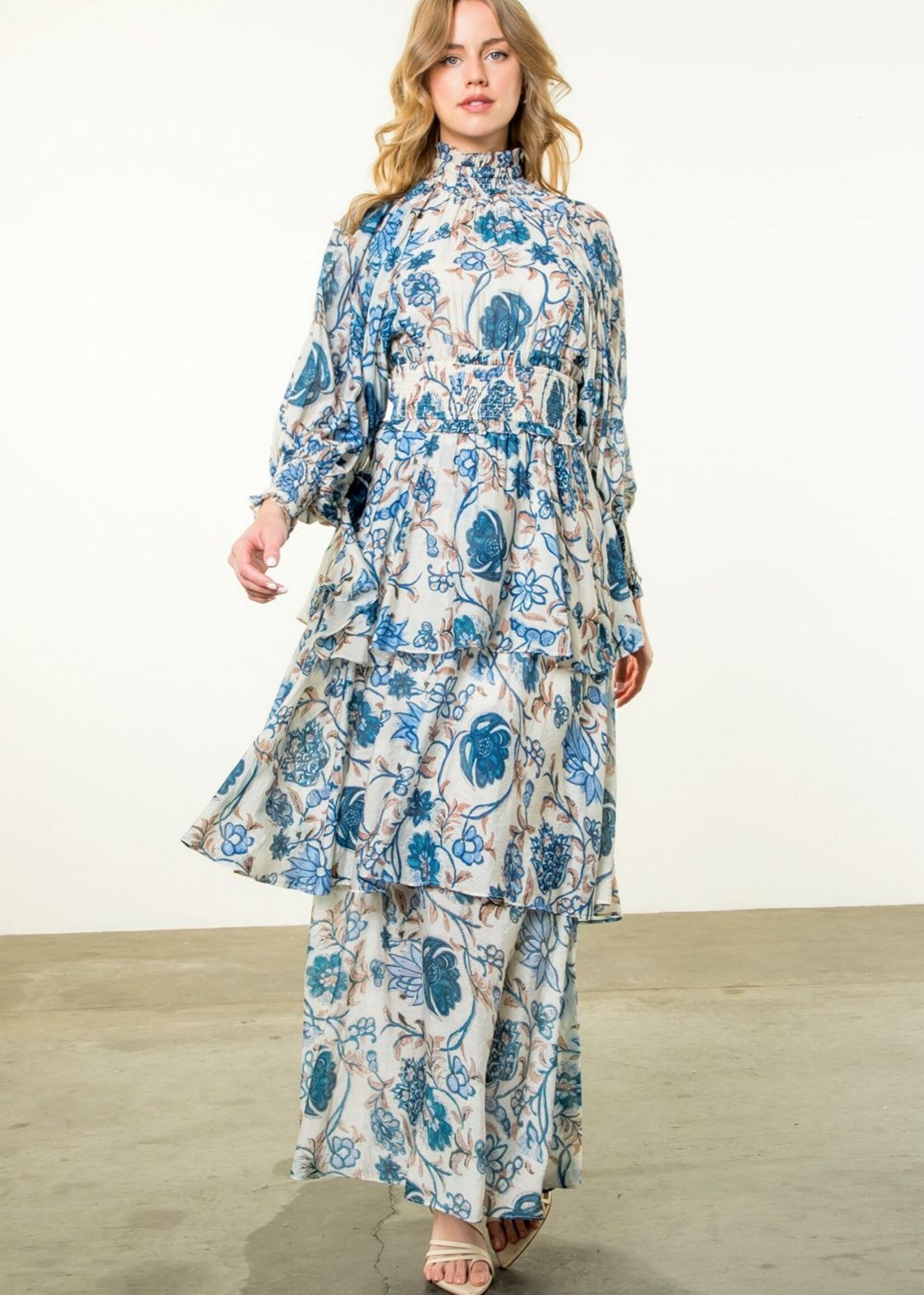 THML Smoked Waist Tiered Floral Maxi Dress