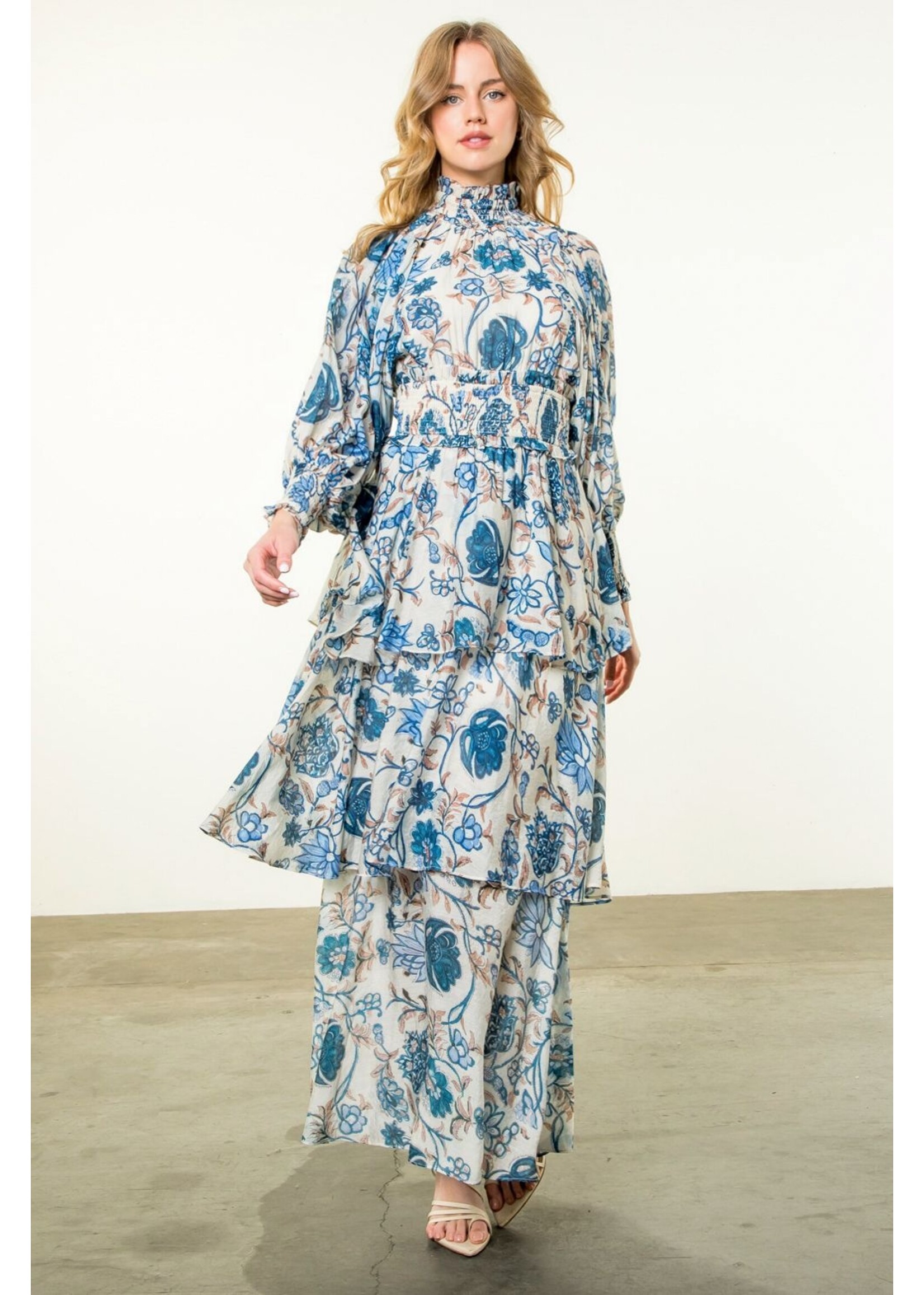 THML Smoked Waist Tiered Floral Maxi Dress