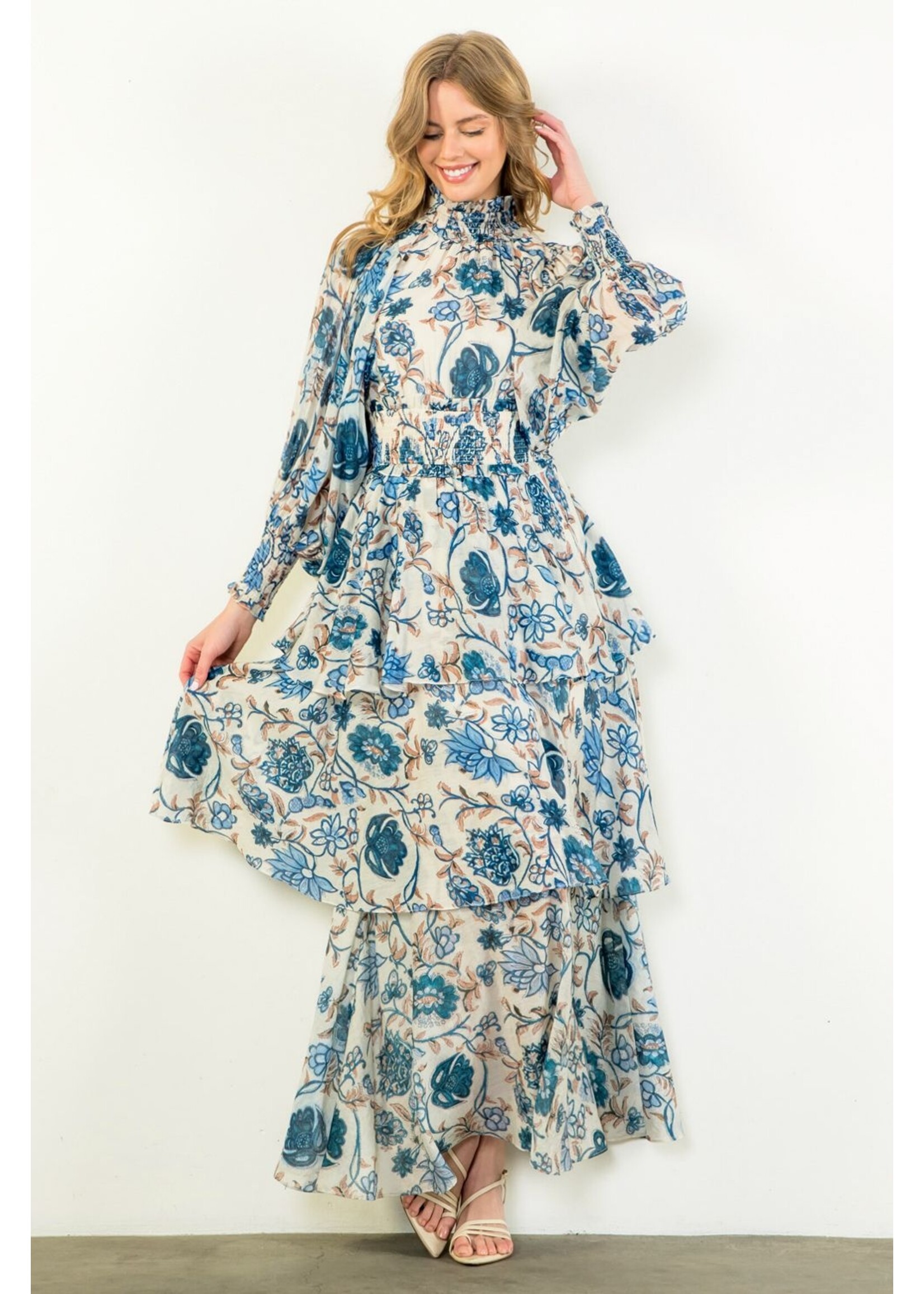 THML Smoked Waist Tiered Floral Maxi Dress