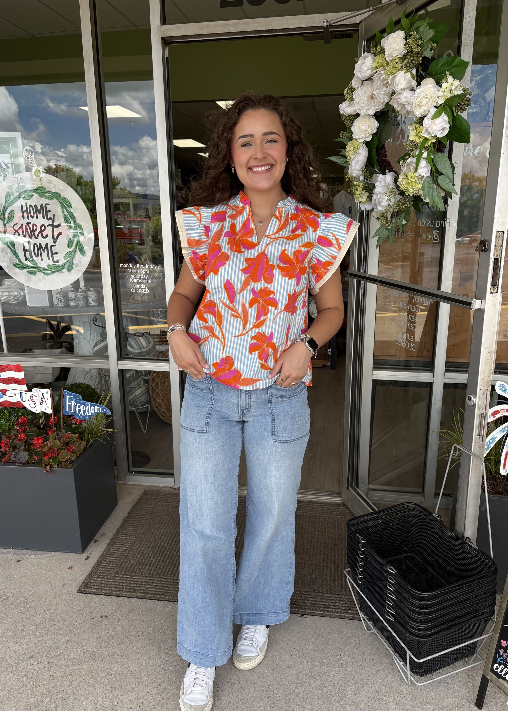 THML Flutter Sleeve Striped Flower Top