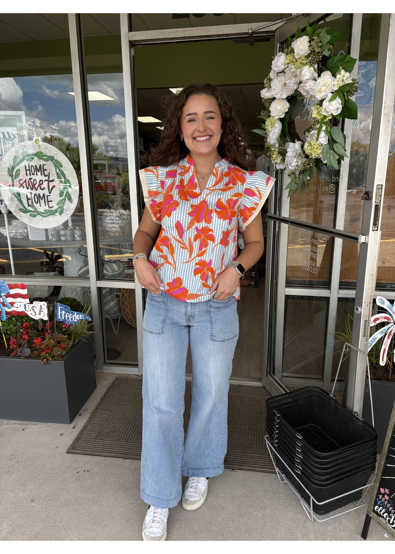 THML Flutter Sleeve Striped Flower Top