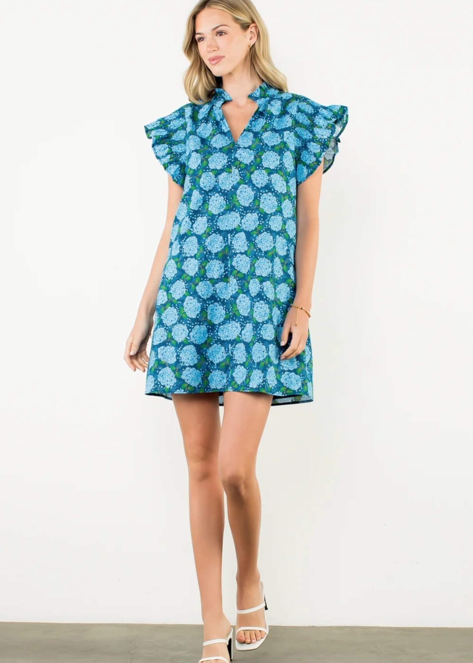 THML Flutter Sleeve Hydrangea Print Dress