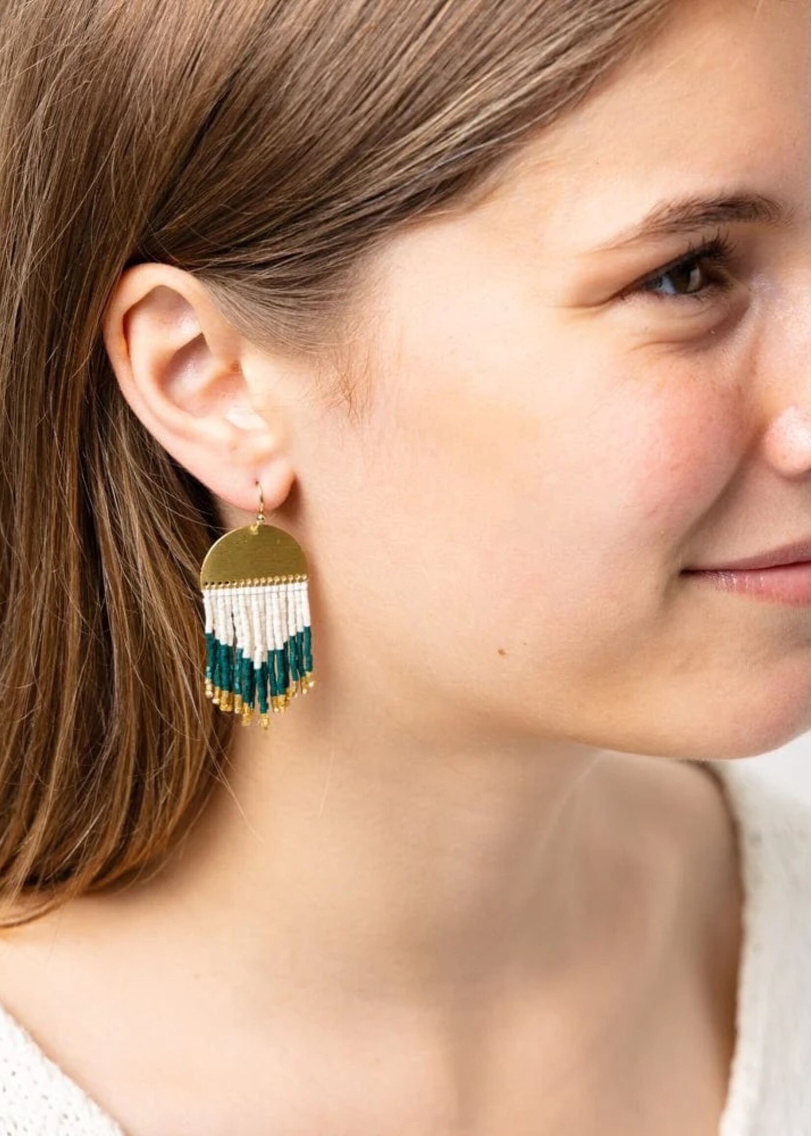 ink+alloy Claudia Curved Pattern Short Beaded Fringe Earrings - Emerald