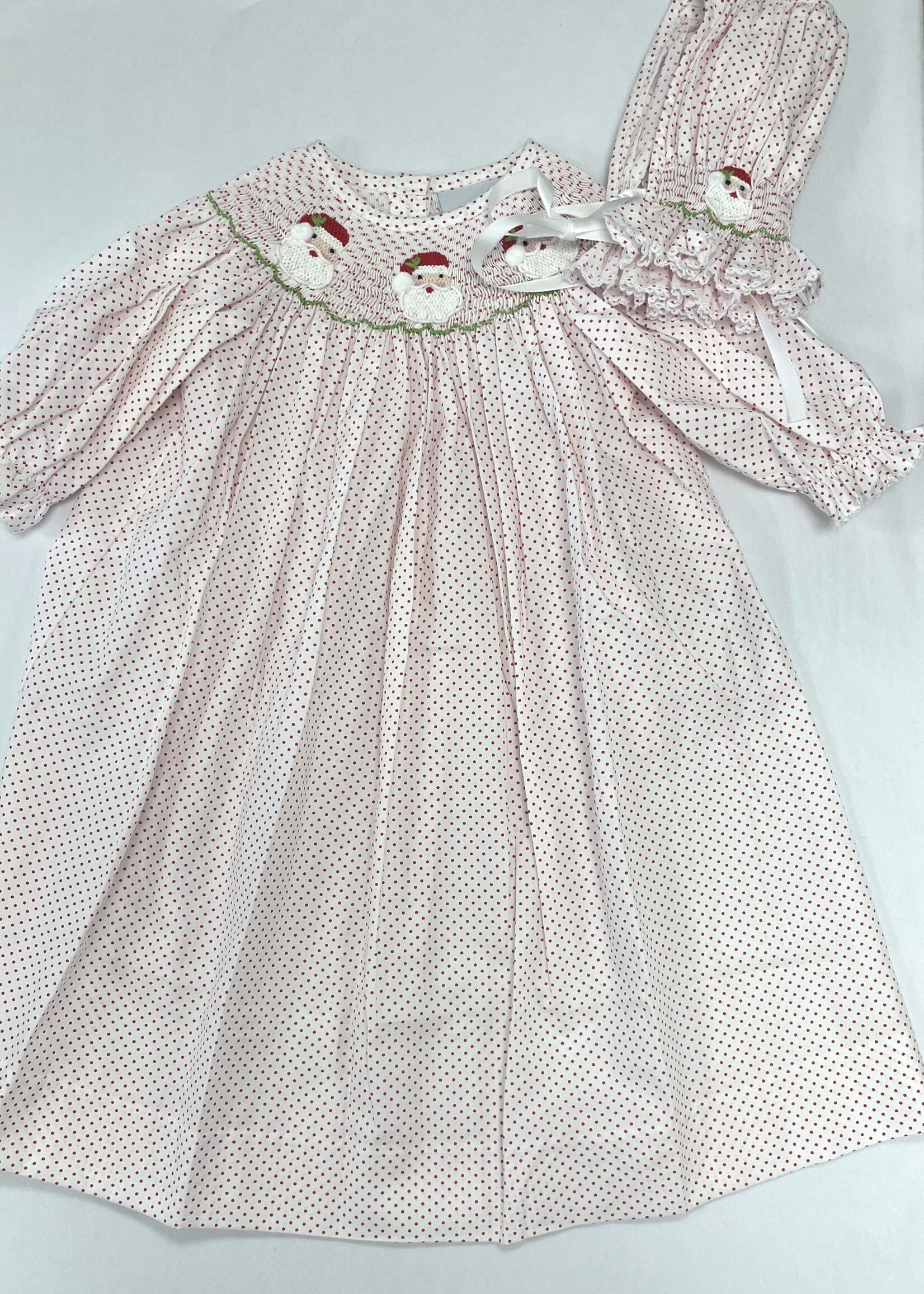 Delaney Red Mini Dot Smocked Santa Daygown & Bonnet