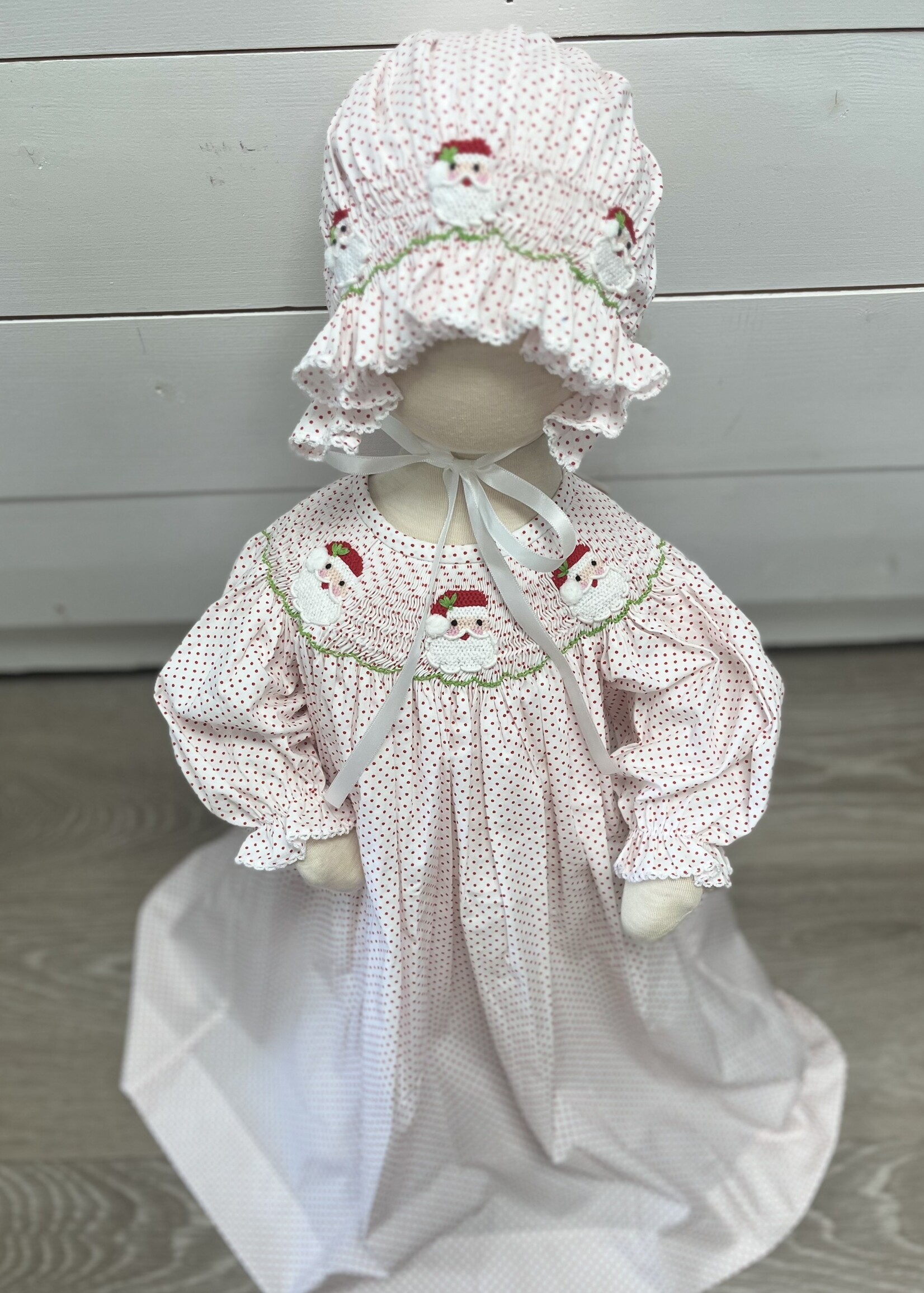 Delaney Red Mini Dot Smocked Santa Daygown & Bonnet