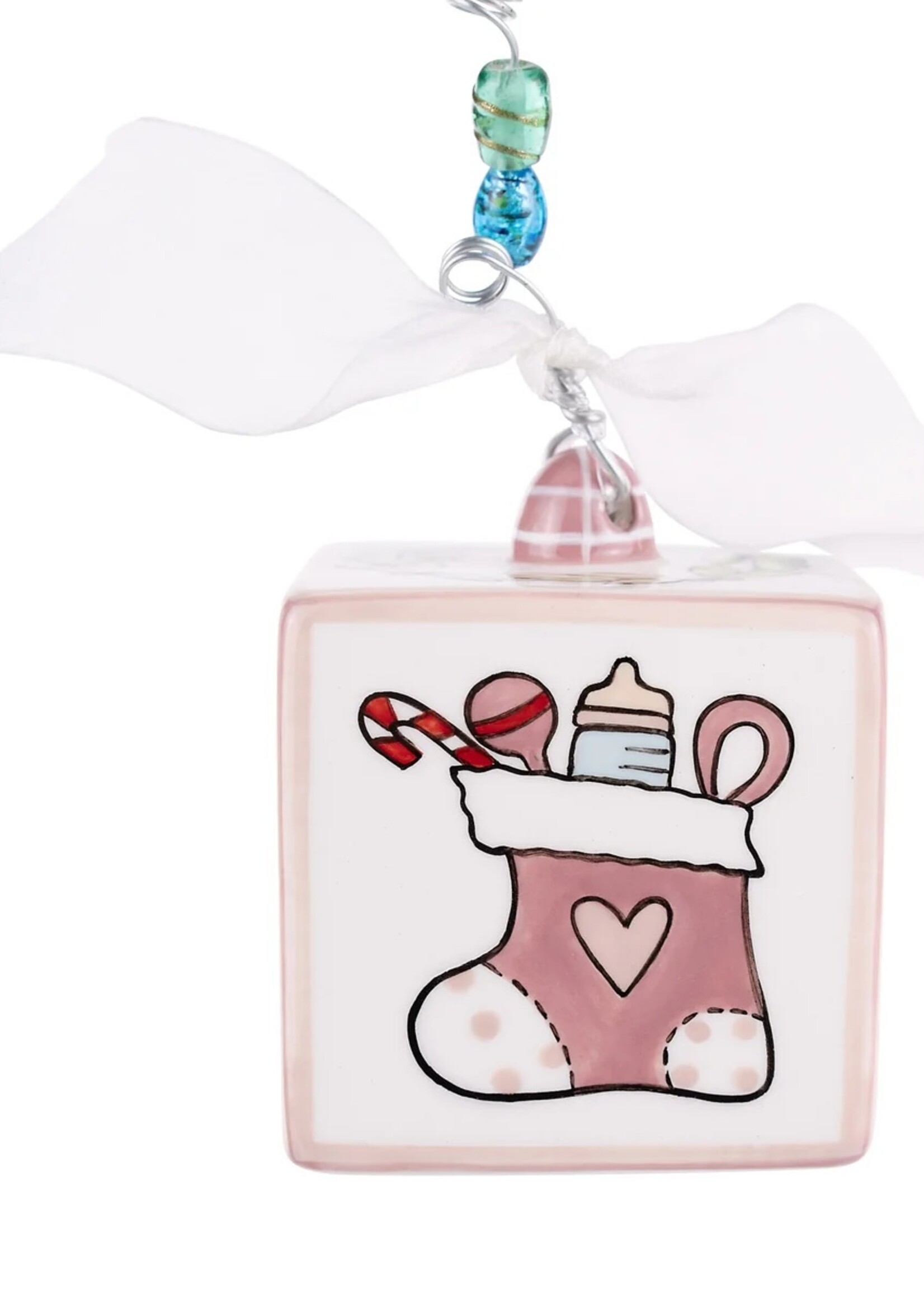 Glory Haus Personalized Baby's First Christmas Block Ornament - Pink