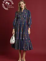 Umgee Striped Floral Print Puff Sleeve Ruffle Neck Dress